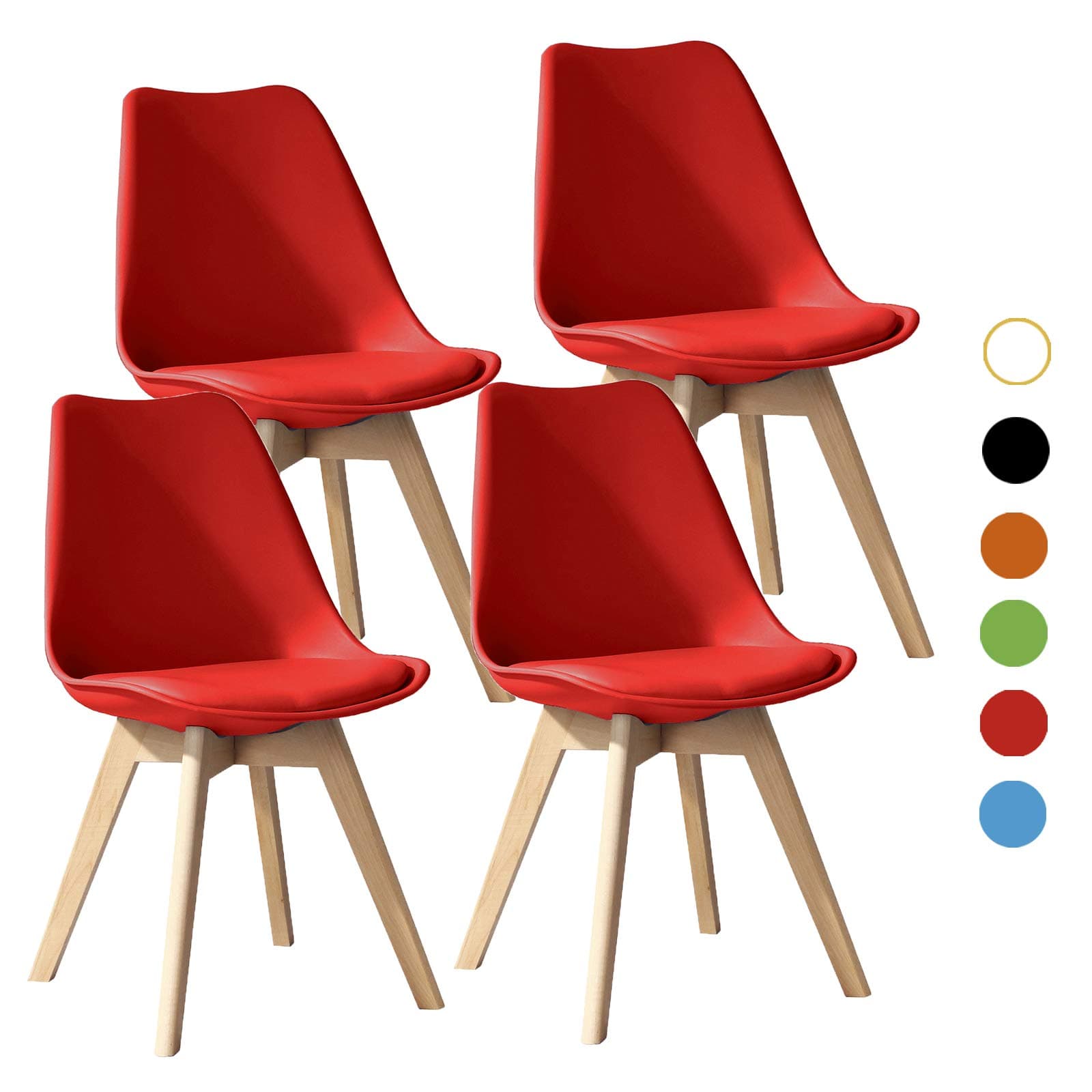 SALBAY Dining Chairs Tulip Chairs Retro Wooden Legs Cushioned PU Seat (Red, 4)