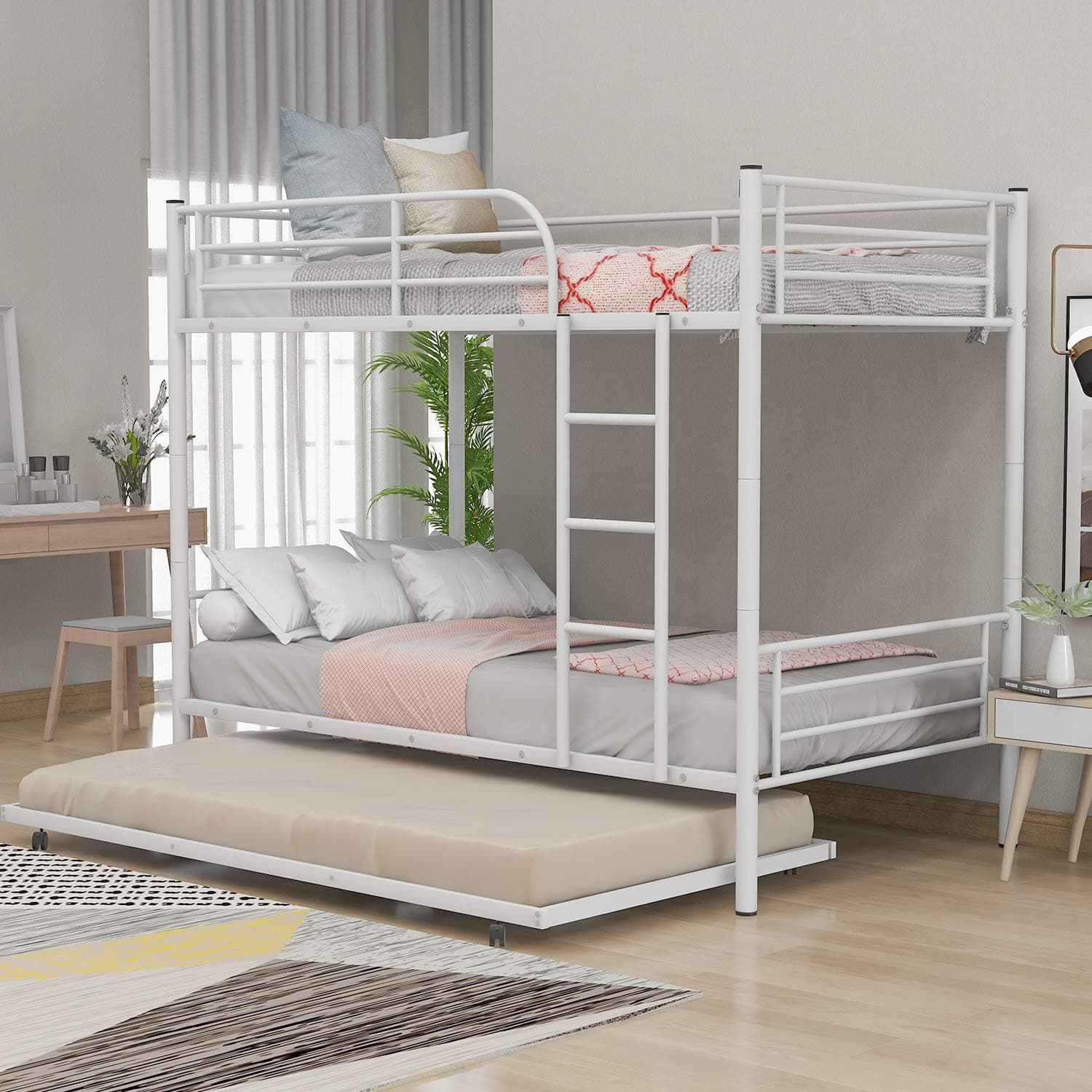 Metal Bunk Bed, Twin Over Twin Bunk Bed with Trundle for Kids and Teens, Can be Divided into Two beds, No Box Spring Needed, White