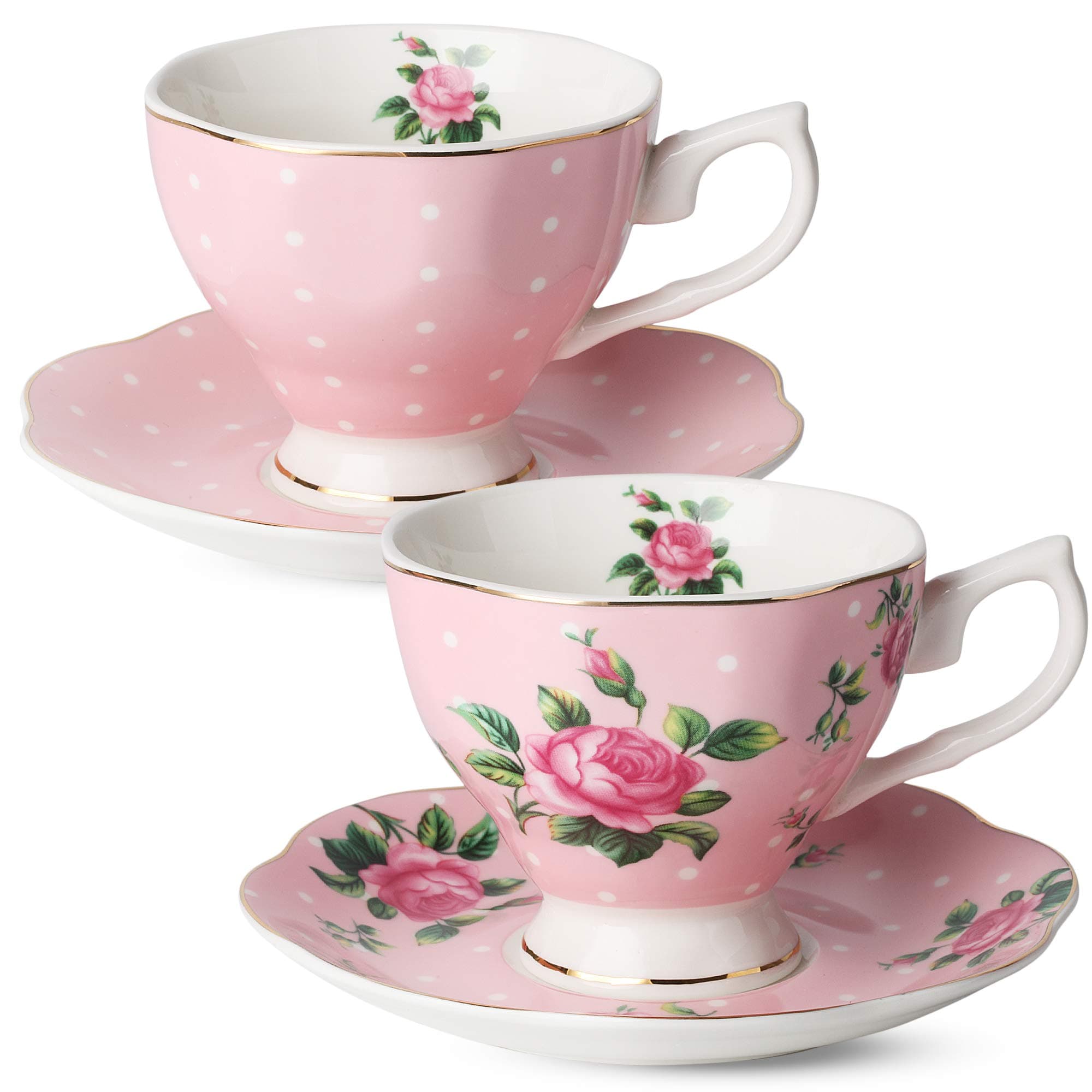 BTaT- Floral Tea Cups and Saucers Set of 2 (8 oz), Porcelain Tea Cup Sets, Pastel Pink Color with Gold Trim, Dishwasher Safe