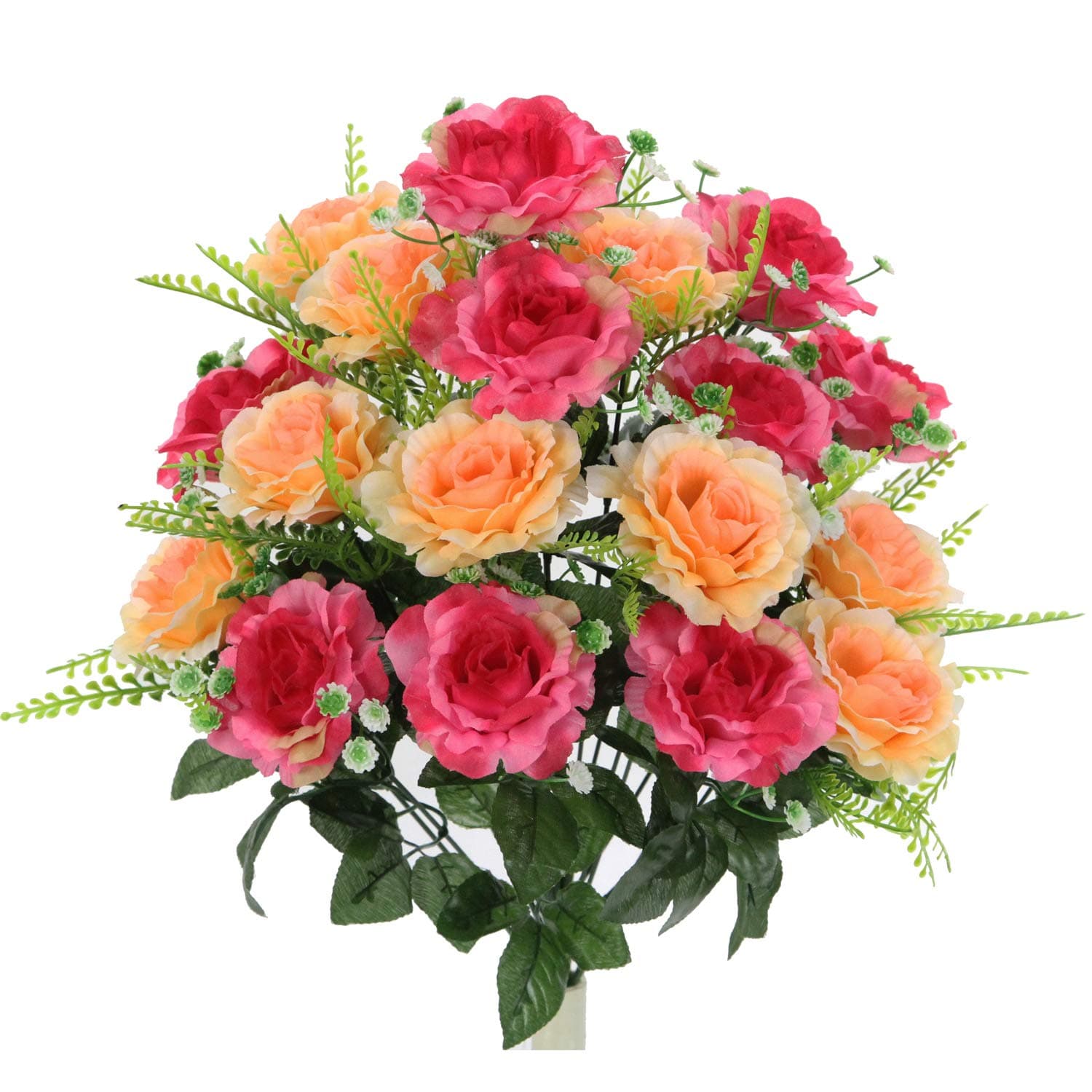 Admired By Nature 18 Stem Artificial flowers Roses Bush Spring Faux Flower Arrangement for Outdoor & Indoor Wedding home decor, Cemetery Decorations for Grave, Summer Flowers Beauty Peach