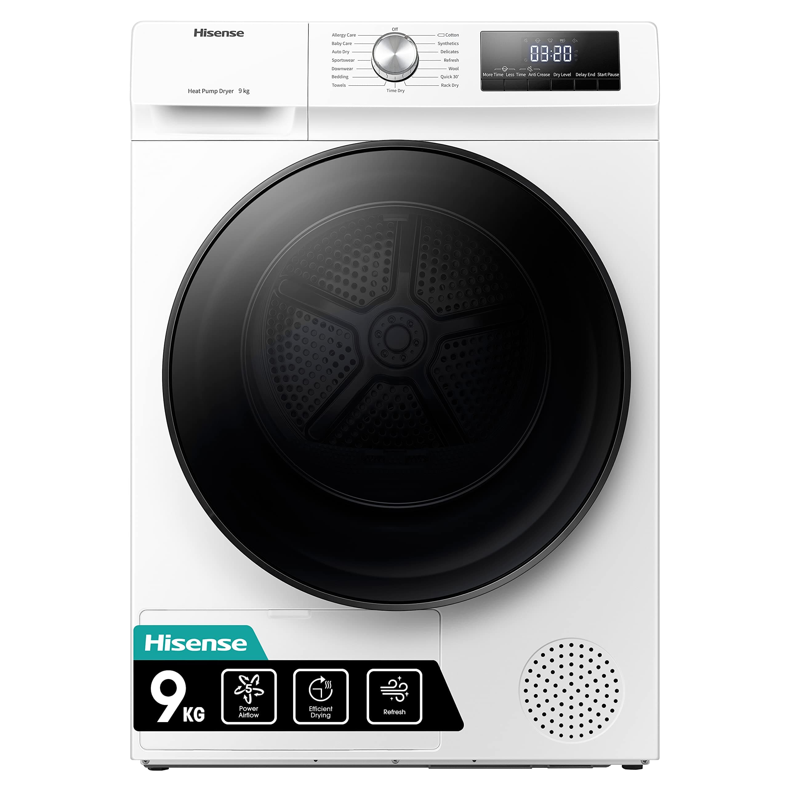 Hisense 3 Series DHQA902U 60cm Freestanding 9 KG Heatpump Front Load Tumble Dryer - 15 Programmes - Auto dry- Steam Refresh - Allergy Care - White [Energy Class A]