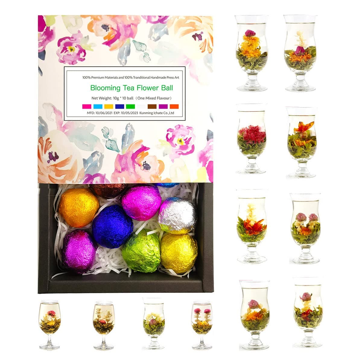 12 Assorted Blooming Tea Balls Gift Set| Handmade Herbal Flower Tea Balls Variety Individual Packing| Blooming Green Tea with Flowers that Open Gift Set for Tea Lovers, Anniversary, Valentine,