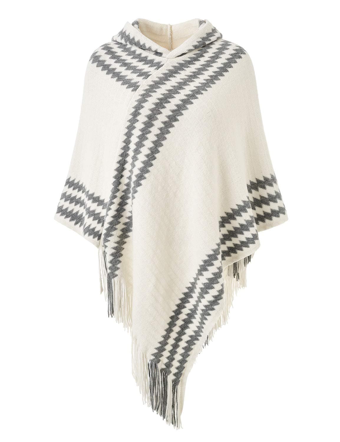Women's Cozy Zigzag Poncho Sweater Lightweight Fringe Cape Cloak with Hood