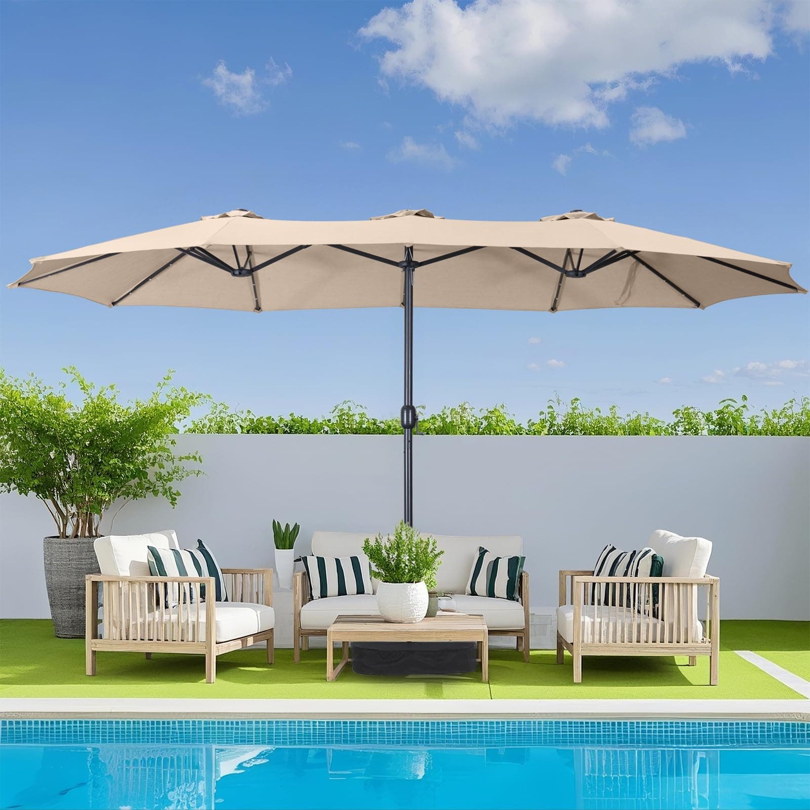 13ft Patio Umbrellas with Base Included, Outdoor Double-Sided Rectangle Market Umbrella with Crank Handle, for Poolside Lawn Garden, Khaki