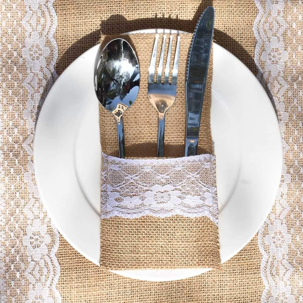 BodosacBodosac Awtlife 60 Packs Xmas Burlap Lace Utensil Holders Silverware Cutlery Pouch Knifes Forks Bag for Vintage Wedding