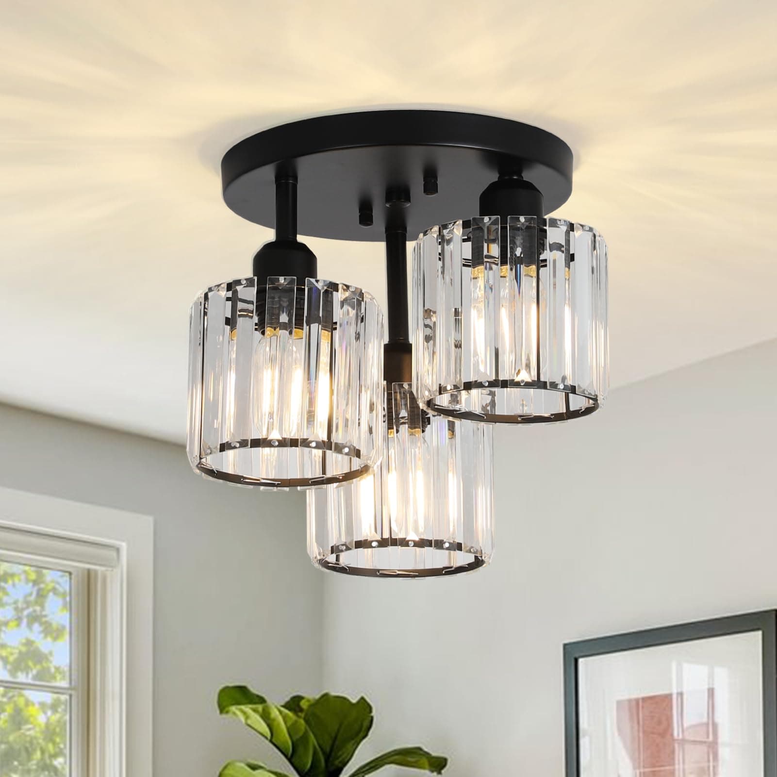 Modern Crystal Chandeliers, 3-Light Crystal Lights for Living Room, Black Semi Flush Ceiling Light Fittings for Hallway, Bathroom, Bedroom, Foyer, Kitchen