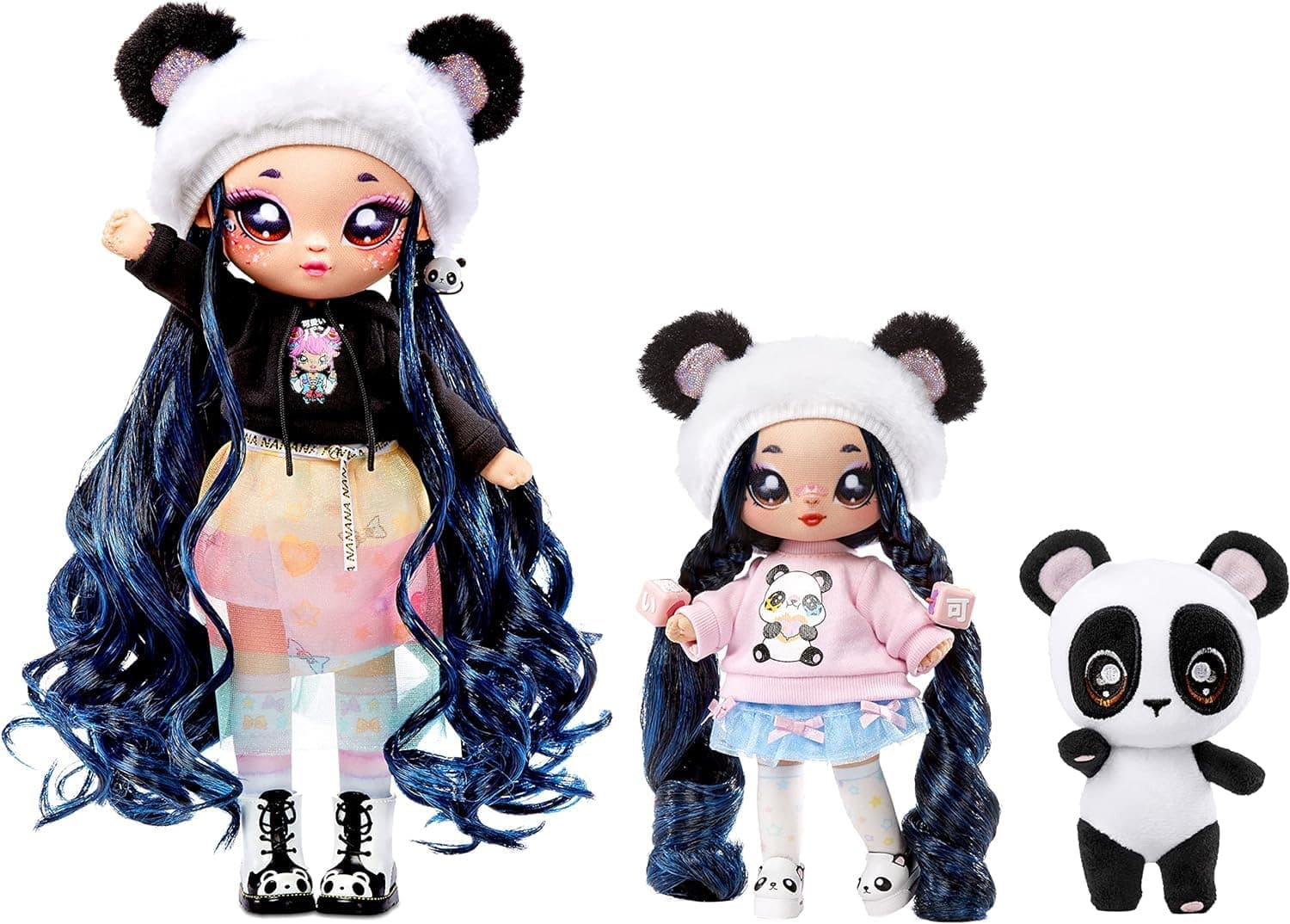 Na Na Na Surprise Family Soft Doll Set of 3 with 2 Fashion Dolls and 1 Pet - Toys for Kids - Panda Family with Long Hair Dolls, 12 Removable Accessories and Outfits, and Adorable Plush Pet Panda