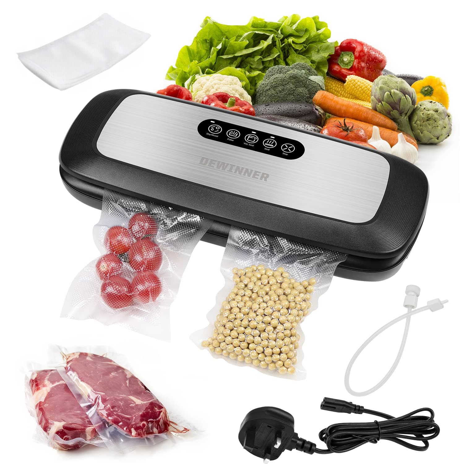 Food Vacuum Sealer Machine 5-in-1, DEWINNER Sealing Machine Automatic with Free 20*Sealer Bags Storage, Food Saver Air Sealing System for Preservation Storage, Save Moist/Dry Vacuum