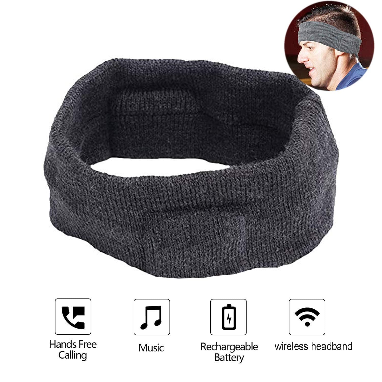 Bluetooth Headband Sweatband with Wireless Headphone Headset Speaker Mic Handsfree Music Call for Outdoor Indoor Sports Gym Exercise Running Yoga Dancing Camping Gift Men Women Boys Girls(Dark Grey)