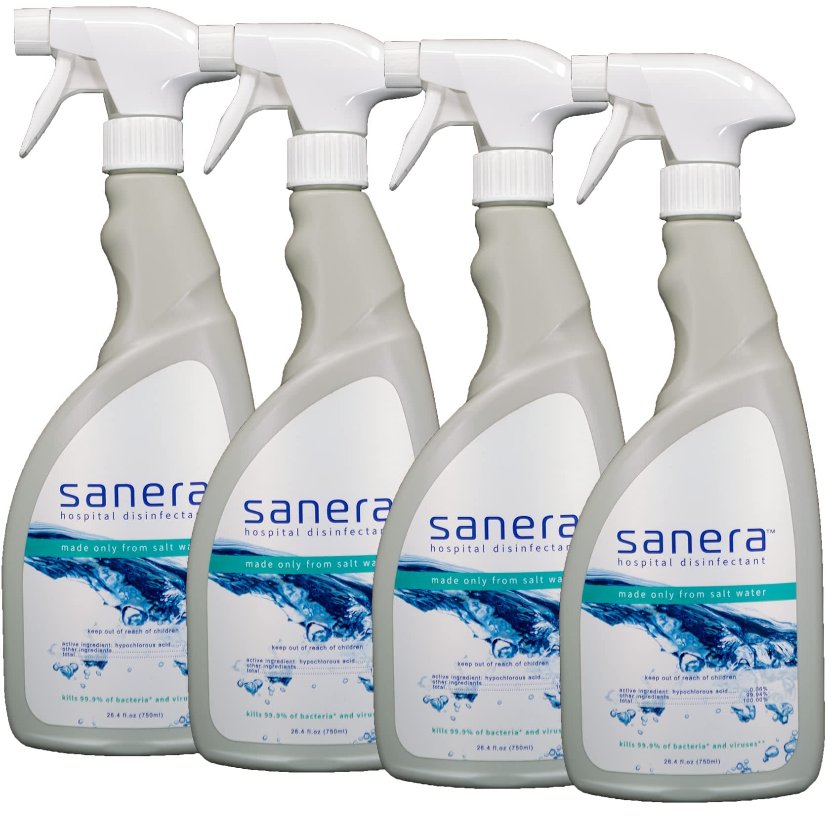 hospital disinfectant cleaner • superior strength: 800ppm FAC (hypochlorous acid) • long lasting: 8 mo. • highly sustainable: 100% recycled bottle & boxes • value pack: 4 x 26.4oz spray bottles