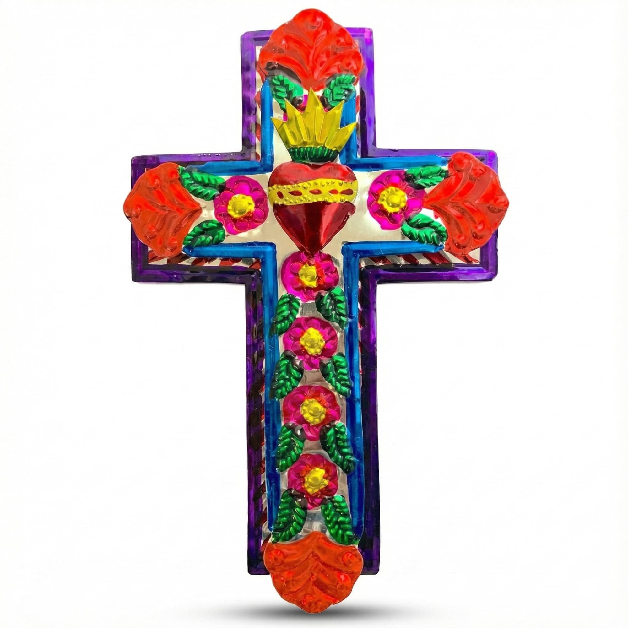 Casa Fiesta Designs Handmade Mexican Tin Cross Wall Decor – Sacred Heart Milagro Folk Art – Handcrafted in Mexico Embossed Metal Religious Wall Hanging (Medium)