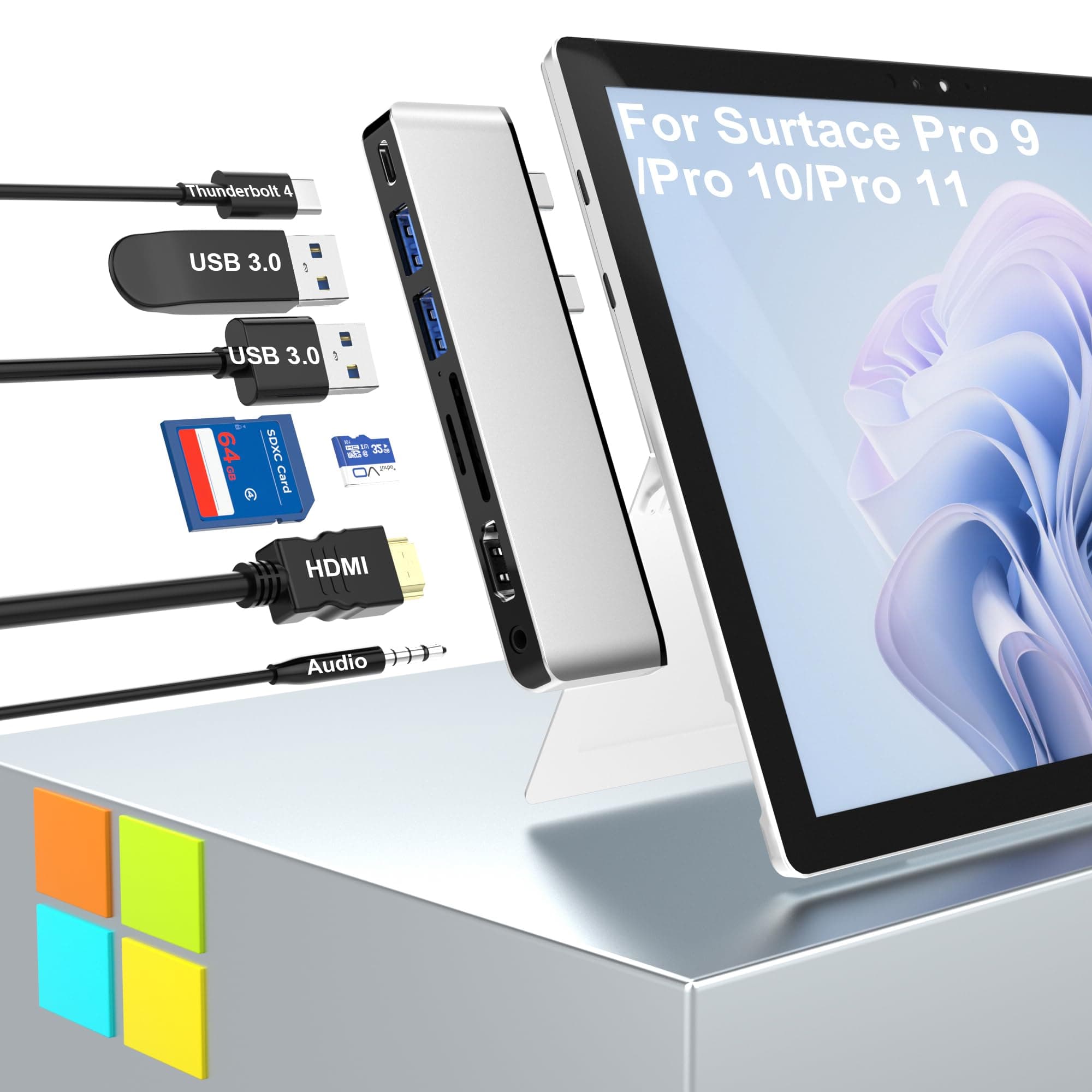 Surface Pro Hub Docking Station With 4K HDMI, USB-C Thunderbolt 4, 2 USB 3.0, SD TF Card Reader, 3.5mm Audio Port - Compatible With Pro 11/10/9/X