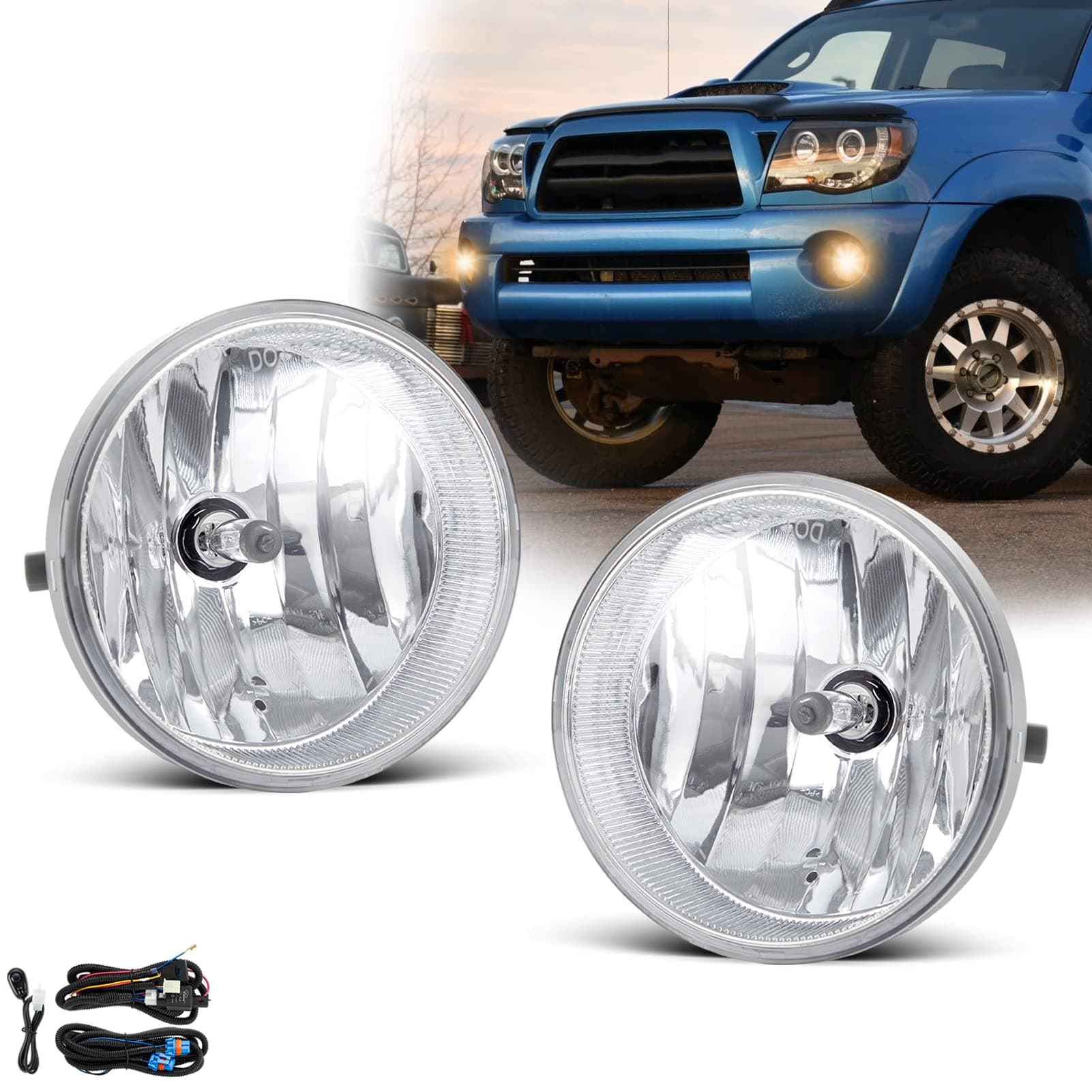 Fog Lights Assembly for 2005-2011 Toyota Tacoma,Replacement Kit for 2007 2008 2009 2010 2011 2012 Toyota Tundra, 2004-2006 Toyota Solara with Wiring & Switch Halogen Bulbs Clear Lens