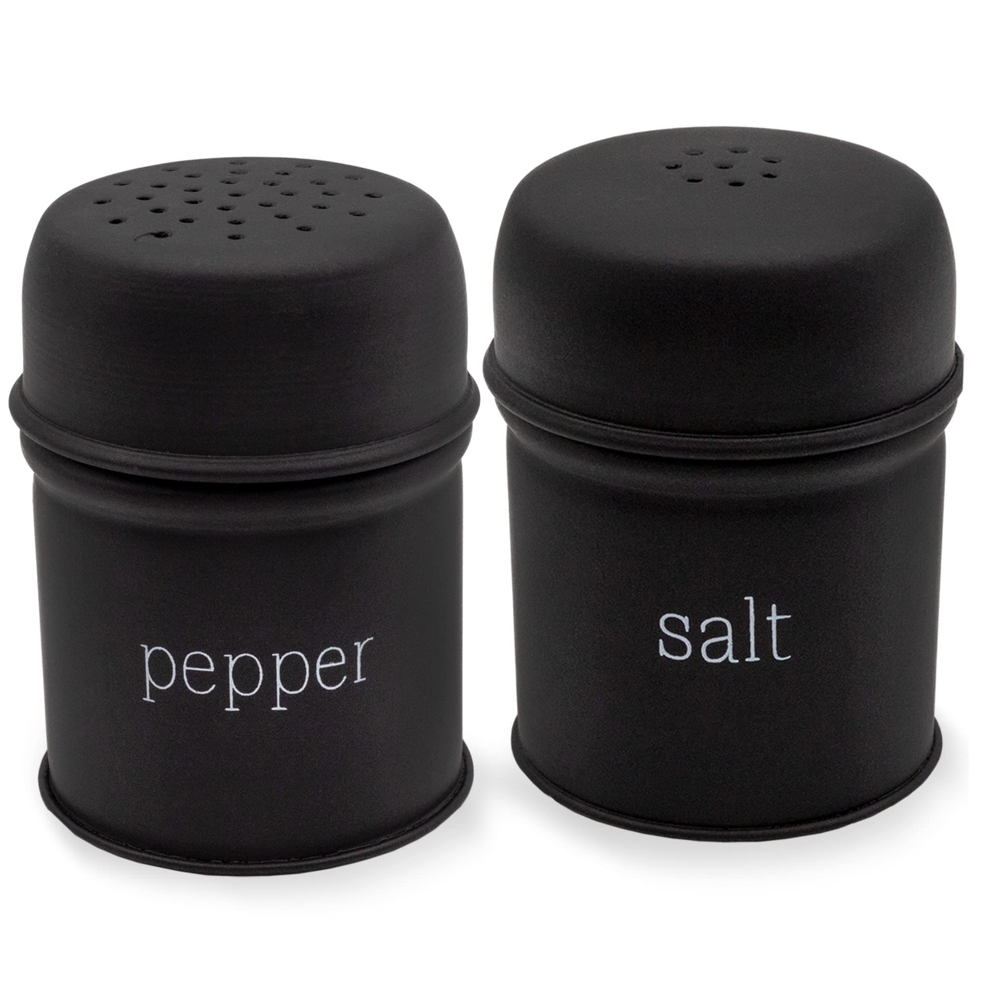 AuldHome Design Salt and Pepper Shaker Set (Black); Contemporary Modern Farmhouse Retro Enamel Style Shaker Set