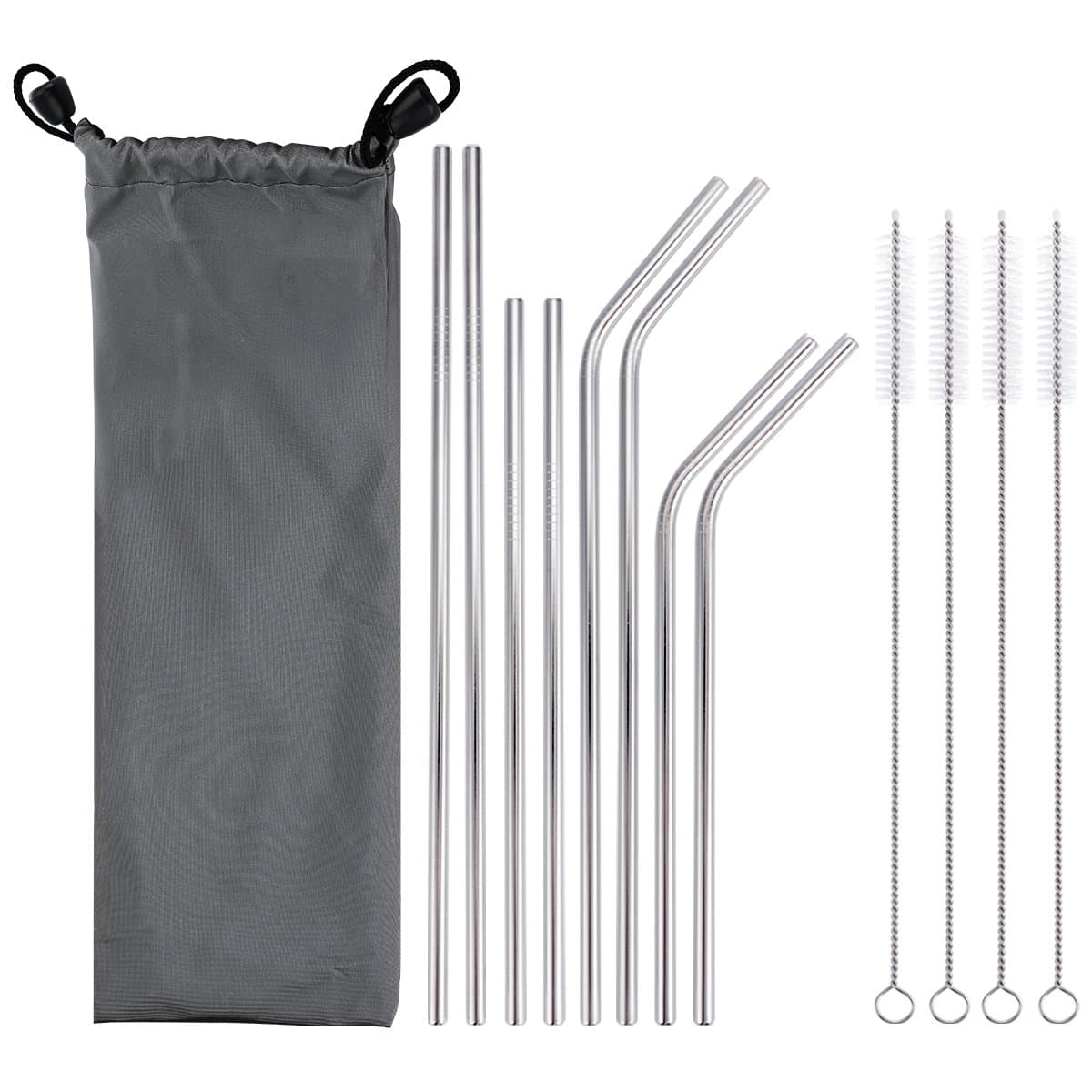 304 Stainless Steel Straws, Reusable Metal Drinking Straws, 2 Straight (10.5 in) + 2 Bend (10 in) + 2 Straight (8.5 in) + 2 Bend (8 in) + 4 Cleaning Brushes for 20 & 30 oz Tumblers, Set of 8