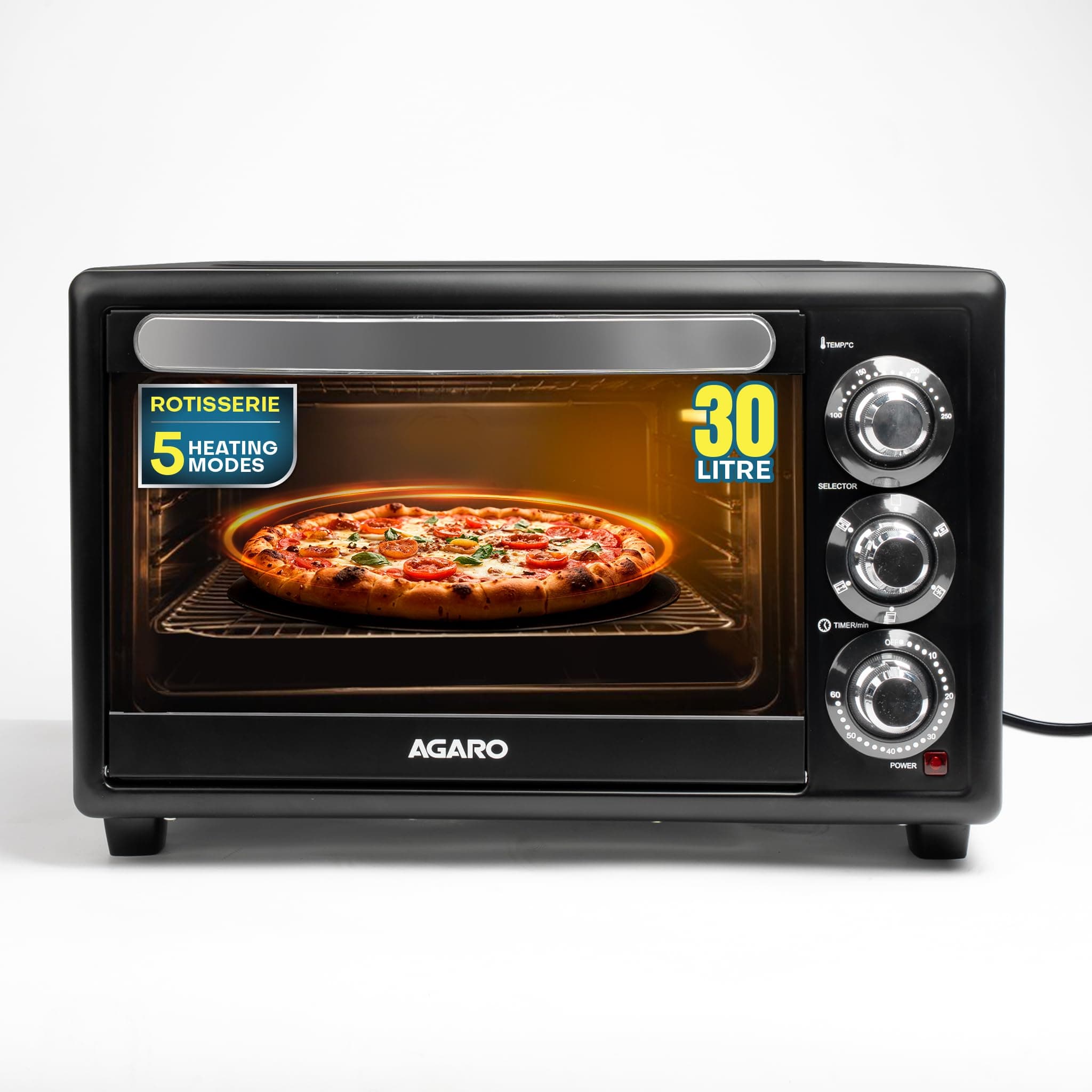 AGARO Majestic 30L OTG 1500W, with Motorized Rotisserie Baking & Grilling Accessories, Oven For Kitchen, Transparent Glass Door, Uniform Heating, Adjustable Temperature Control, 1-Year Warranty, Black