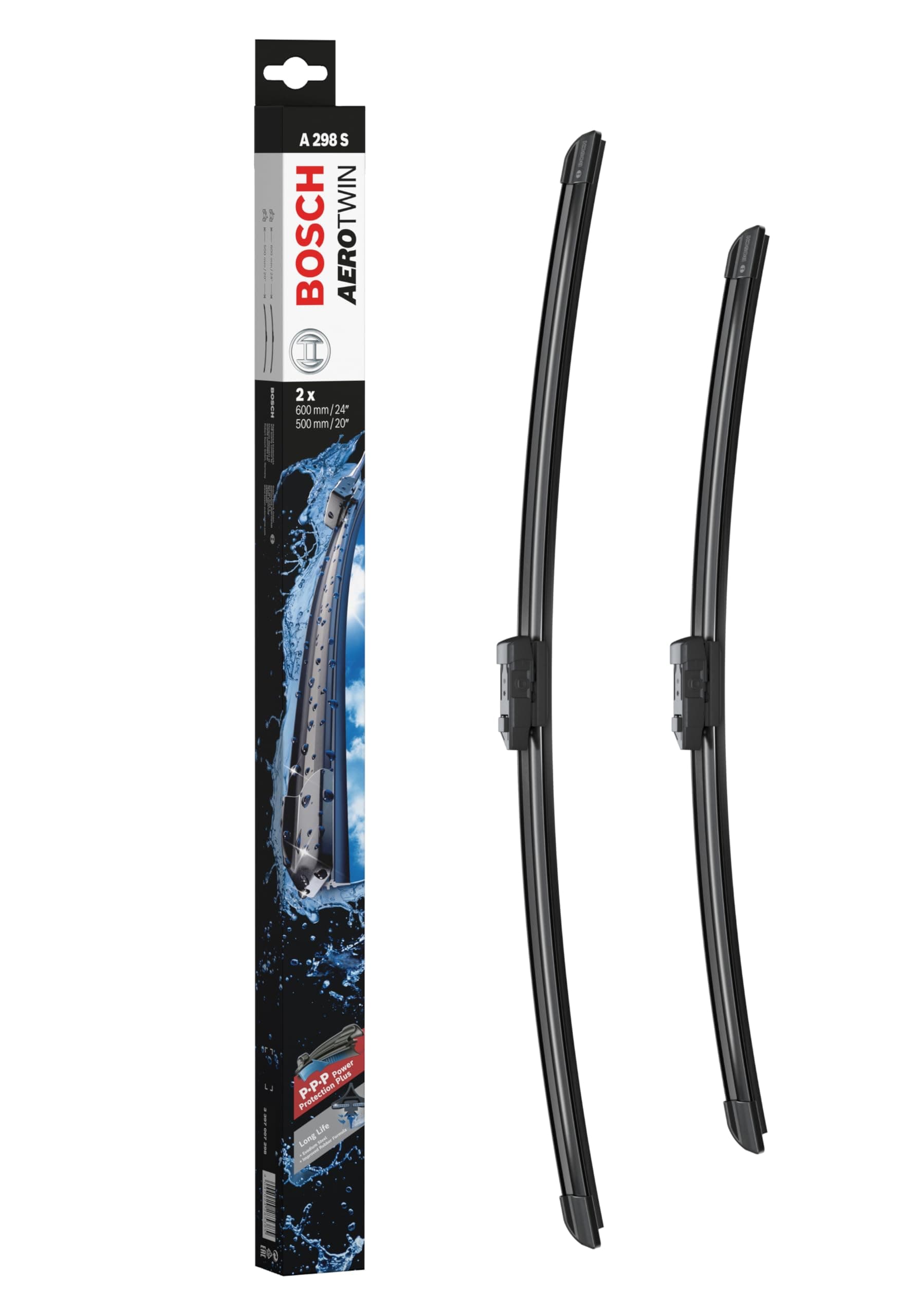 Bosch A298S Flat Wiper Blade for Import Cars, Aero Twin, Car Specific Set, 23.6 / 19.7 inches (600 / 500 mm)
