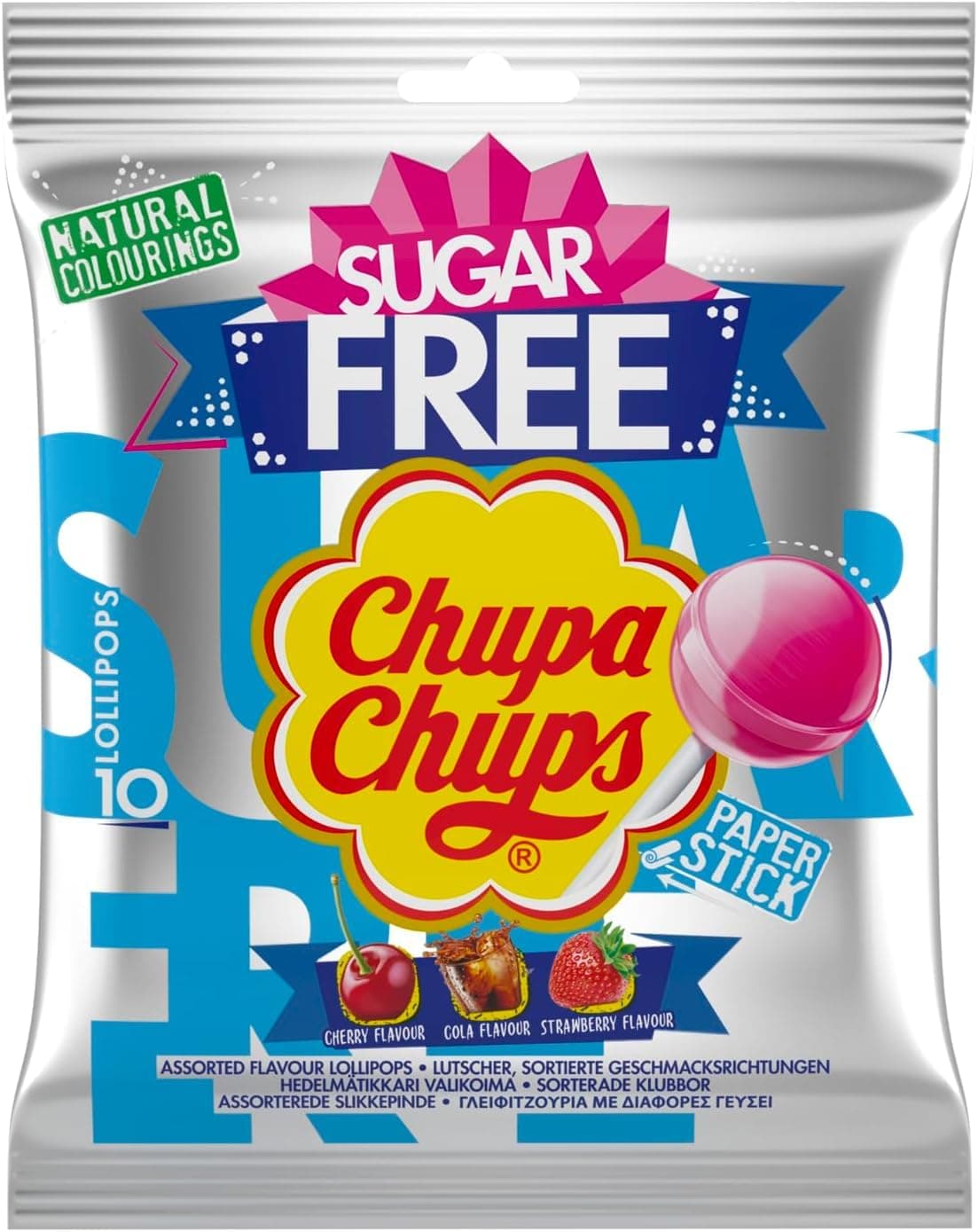 MVS Wholesale 10 x SUGAR FREE Chupa Chups - Mixed Bag Of Strawberry, Apple And Cola, Ideal Party Bag Fillers, Specialist Diets and Calorie Counters, Standard