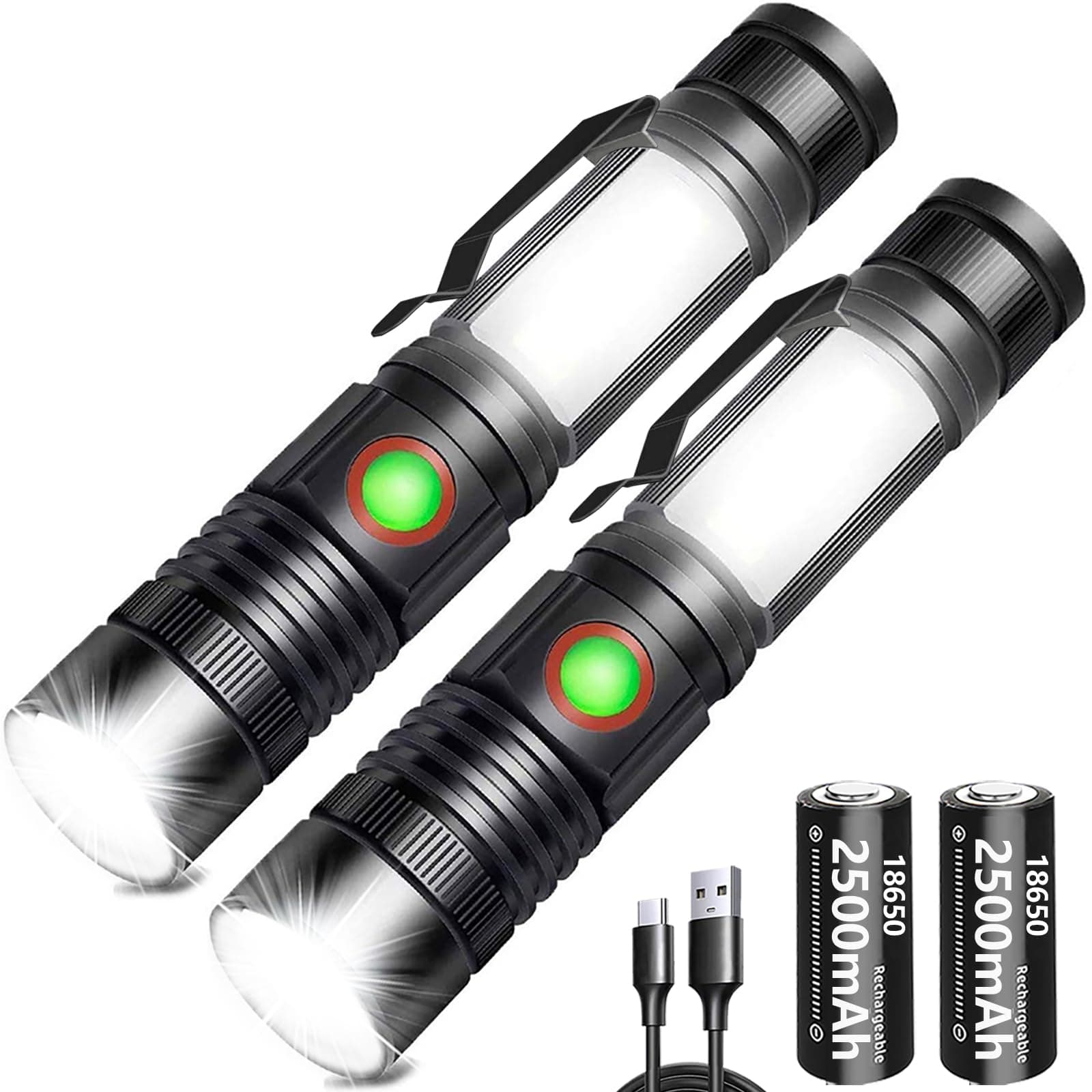 Torch LED 2000 Lumen Super Bright,2500 mAh High Capacity Rechargeable Pocket Size Torches with Magnet and COB Work Light,Powerful Flashlight for Hiking, Camping, and Walking(2 Pack)