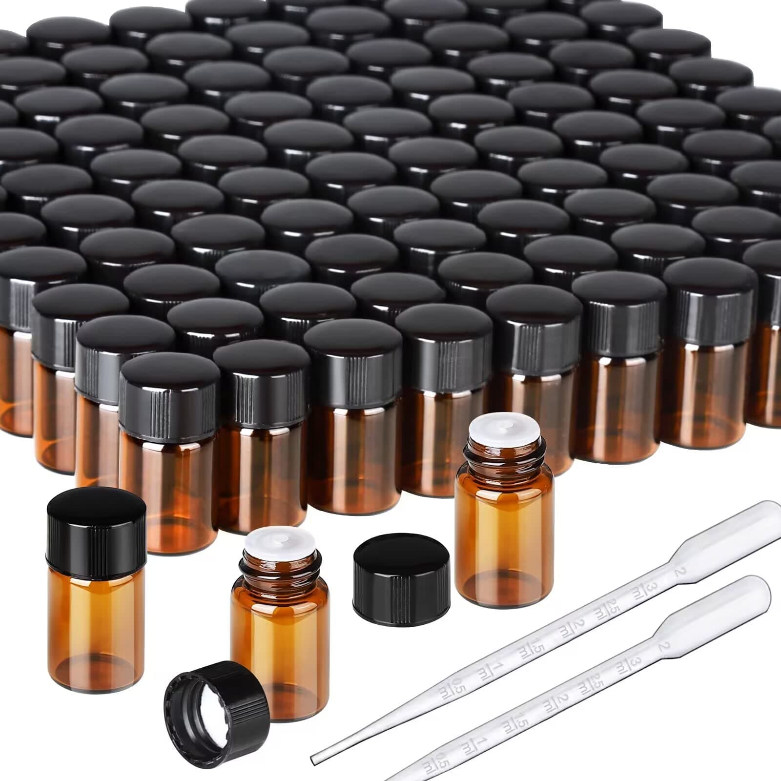 Teenitor 100Packs Essential Oil Bottles, Amber Glass Bottle, Essential Oil Bottle 2Ml Bottles, Small Oil Vial Sample Bottles 2ML 0.068OZ