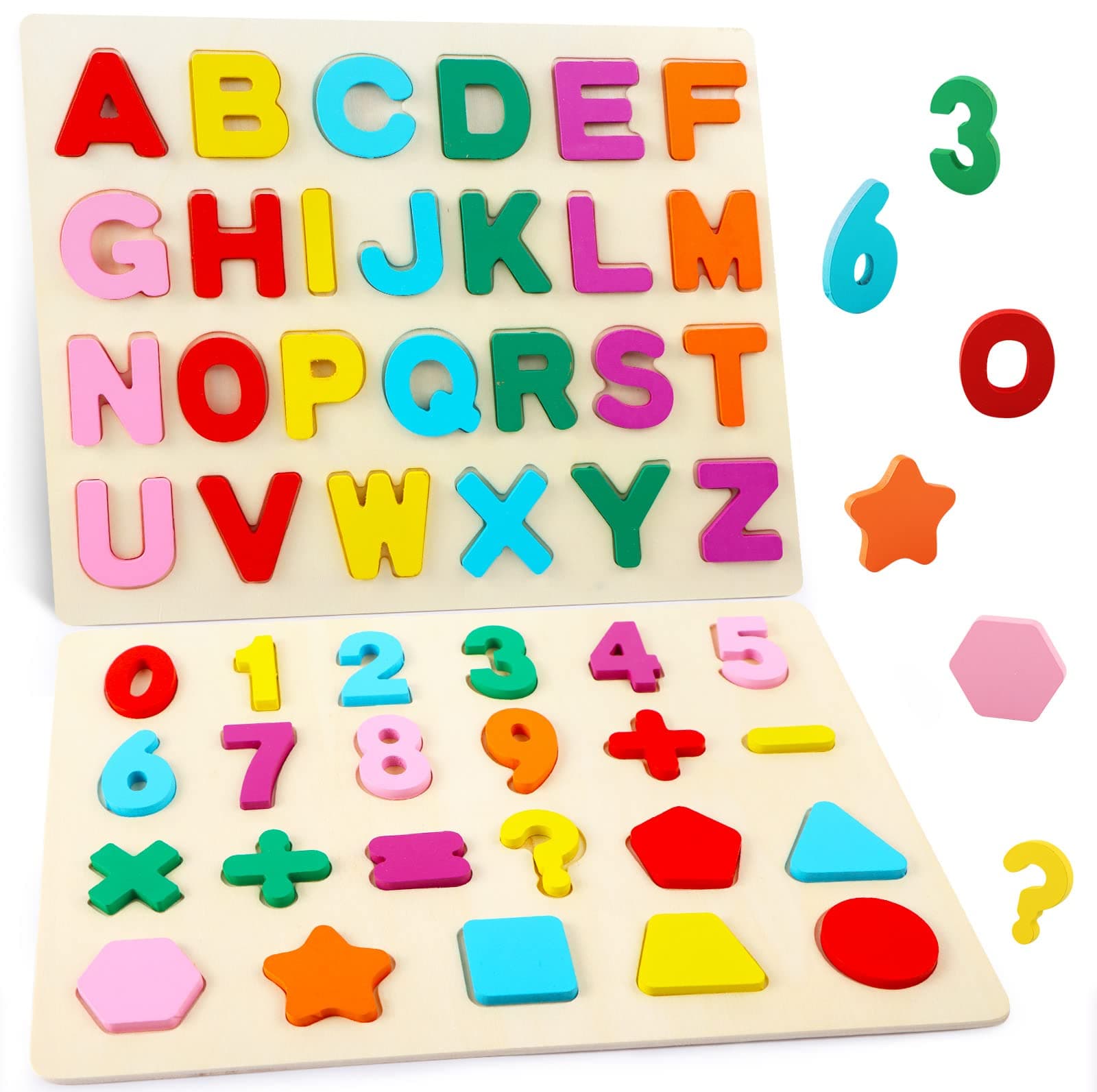 Wooden Puzzles for Toddlers 2-4 Years Old, 2 Pack Wooden Alphabet Number Shape Puzzles Toddler Learning Puzzle Toys for Kids Boys & Girls Ages 1 2 3 4 5