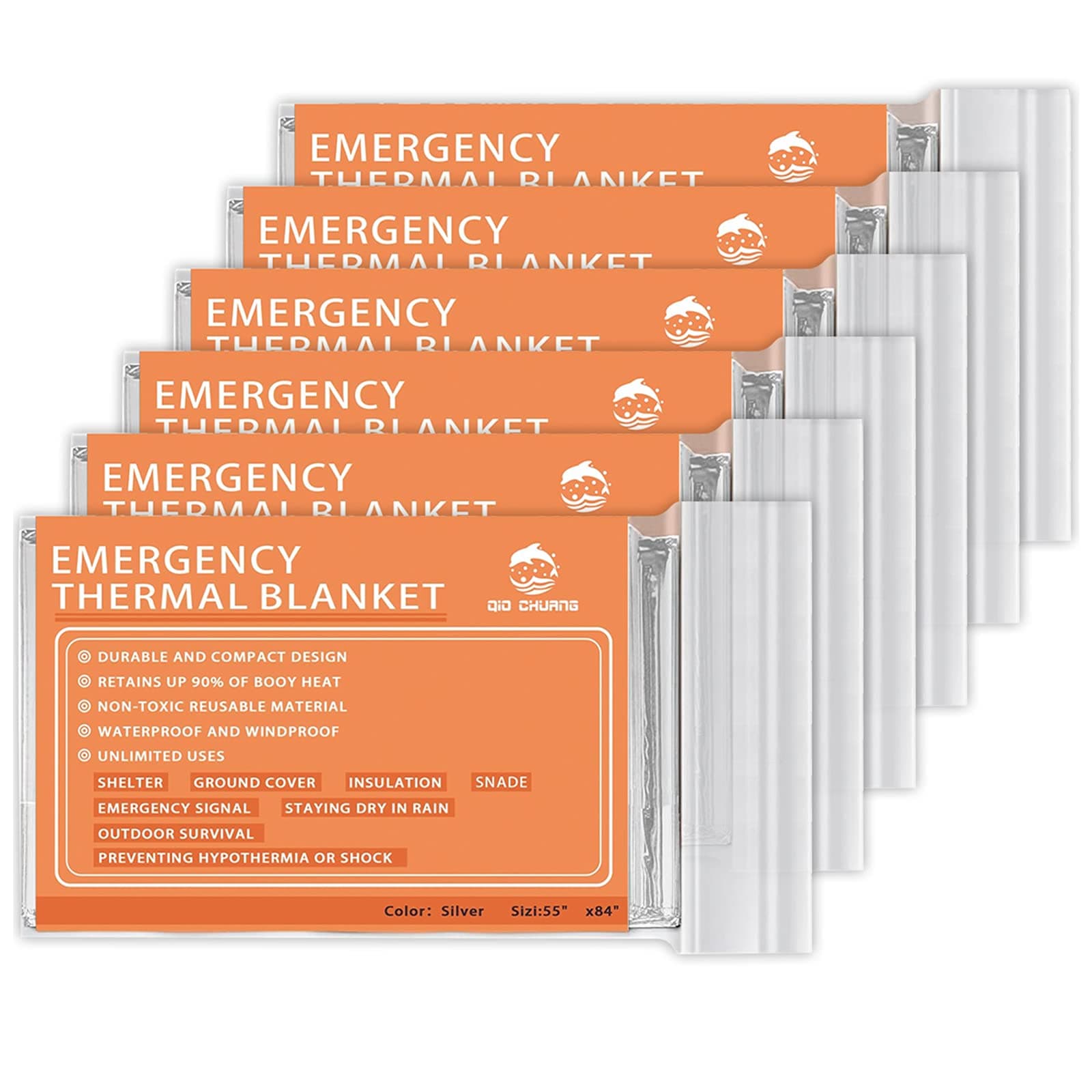 QIO CHUANG Emergency Mylar Thermal Blankets -Space Blanket Survival kit Camping Blanket (Pack of 6). Perfect for Outdoors, Hiking, Survival, Bug Out Bag ，Marathons or First Aid