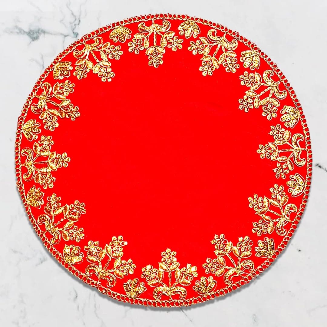 Aasanwala Velvet Pooja Aasan for Mandir Altar Cloth Flower Embroidered Chowki Mat Bhagwan Circle Red 20cm