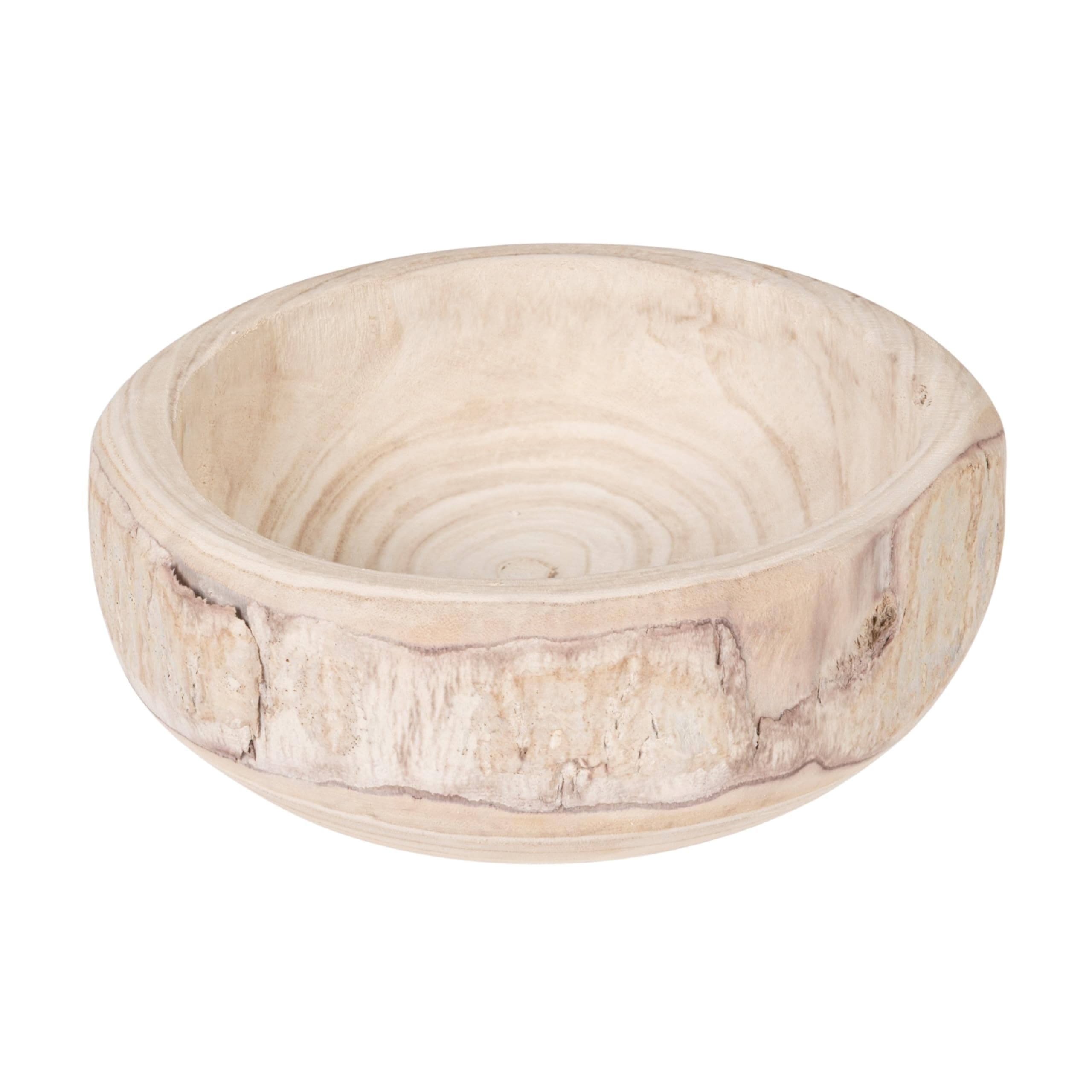 Decorative Hand-Carved Paulownia Wood Bowl, Whitewashed, 10.5 in Diameter, 4.25 in Tall