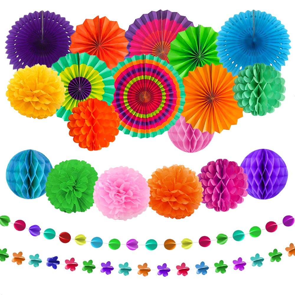 aovowog 21Pcs Party Decorations Set Hanging Paper Fans Paper lanterns Honeycomb Pom Poms Flowers Garlands Party Decorations for Birthday Garden Wedding Party Baby Shower Decoration