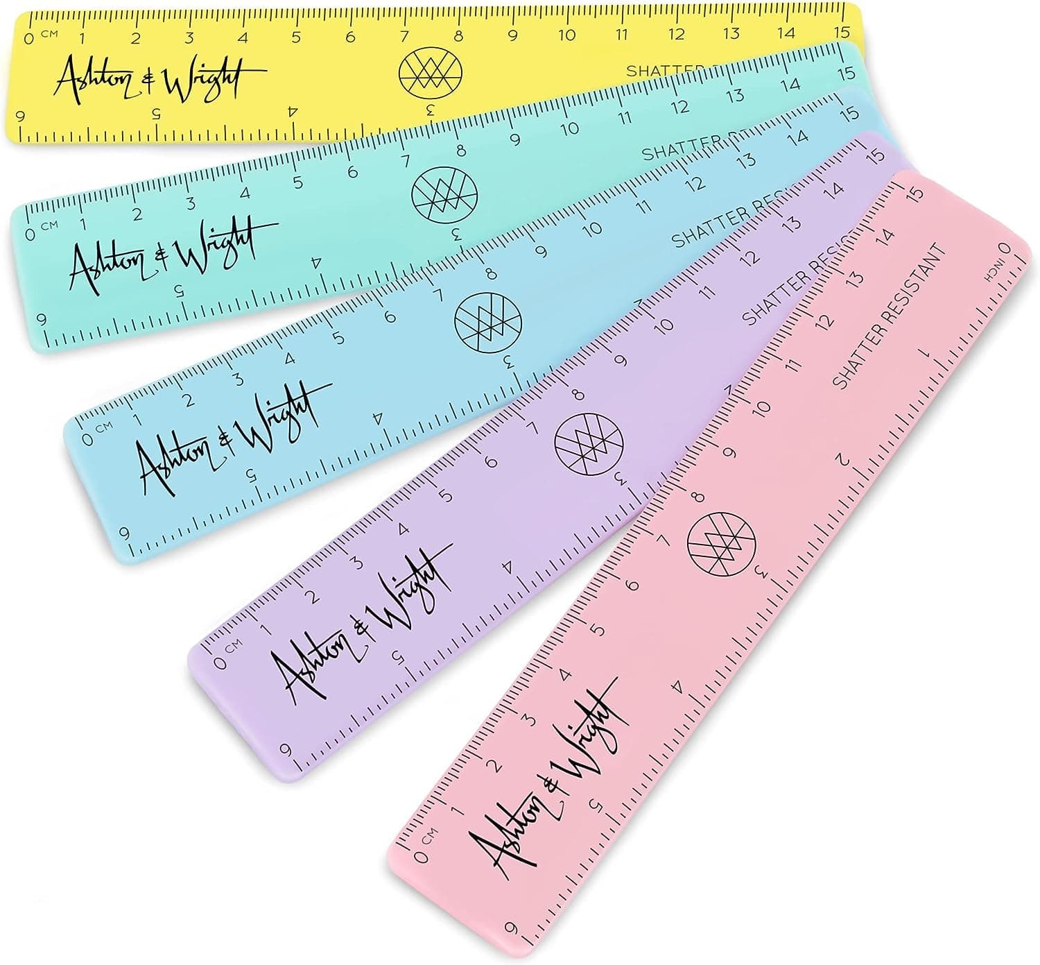 Ashton and Wright - 6 Inch / 15cm Rulers - Shatter Resistant - Pack of 5 - Pastel Colors