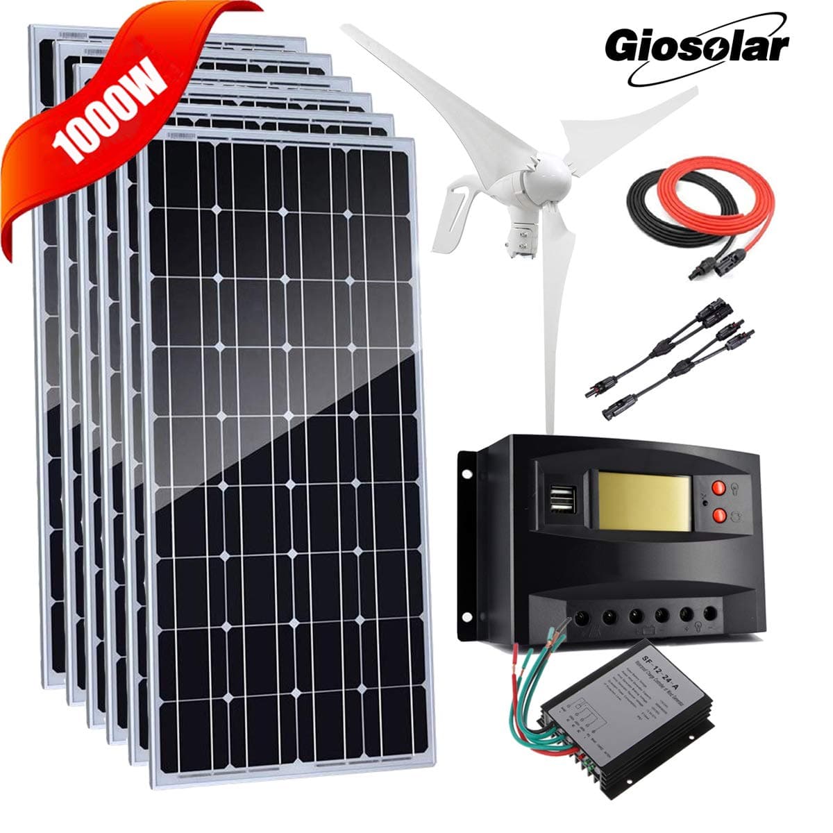 1000W Wind Solar Power 24V Off Grid System House Kit: 6pcs 100W Monocrystalline Solar Panels + 400W Wind Turbine Generator+ Solar Charge Controller+Wind Controller + Cable+Y Connector
