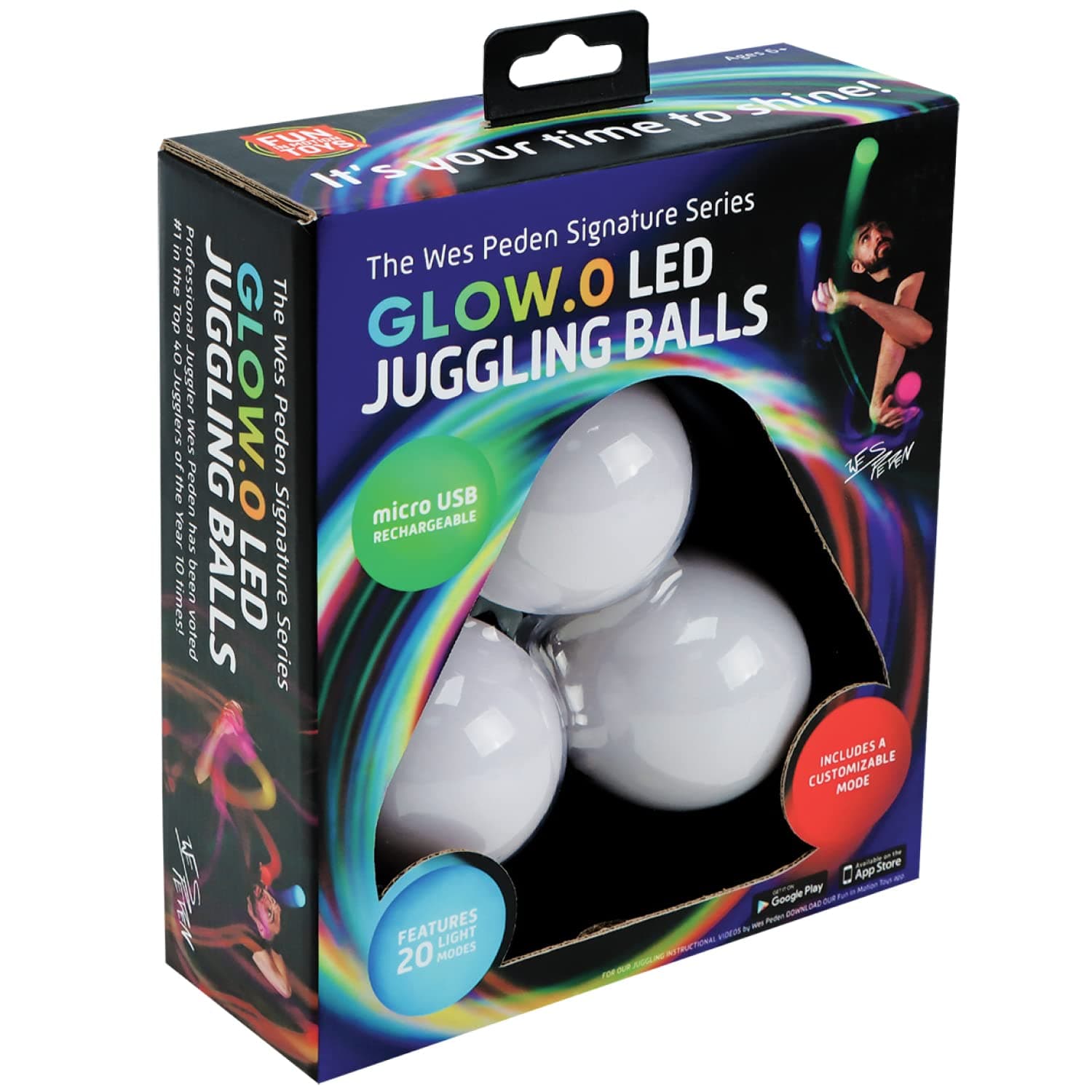 LED Juggling Glow Balls – Unique Wes Peden Model Glow.0 Technology w/ 20 Vibrant Color Light Modes & Patterns – Micro USB Rechargeable, Soft-Core, Pro-Weighted Light Up Ball (Set of 3)