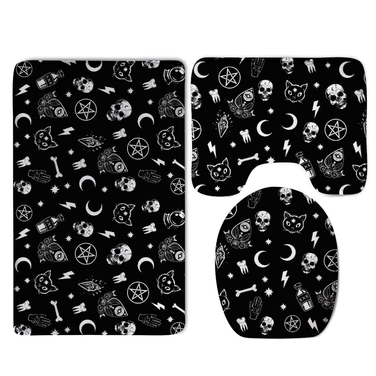 Black Tub-Shower Bath Rug Set - Skull Cat Moon Gothic Pattern 3 Pack Memory Foam Anti Slip Bathroom Rug/Large U-Shaped Bath Mats/Lid Cover Fast Dry Super Absorbent Shower Mat Tub Rug