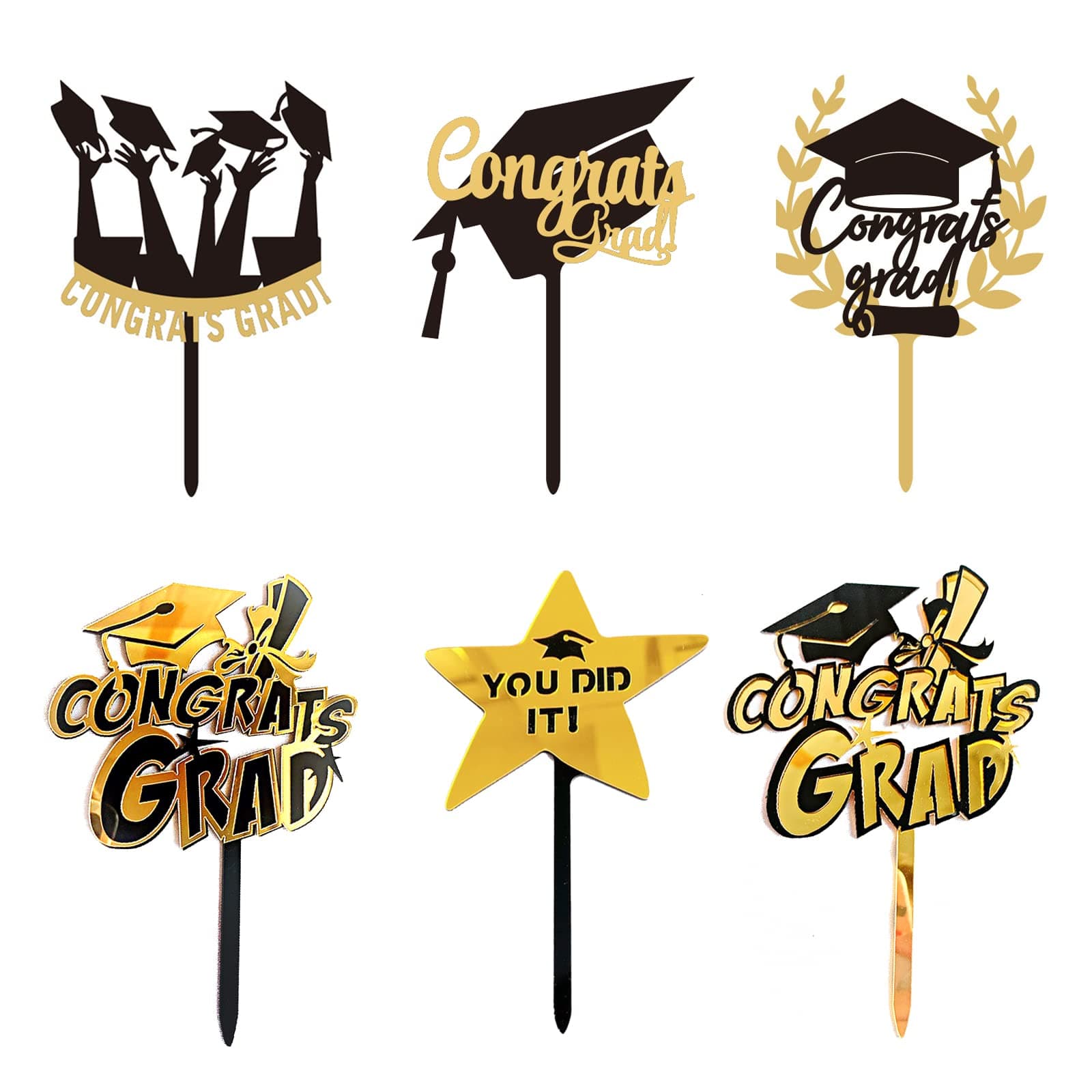 6 PCS Graduation Party Decorations Congrats Grad Cake Topper for High School Graduation College Graduate Cake Cupcake Topper Party Supplies