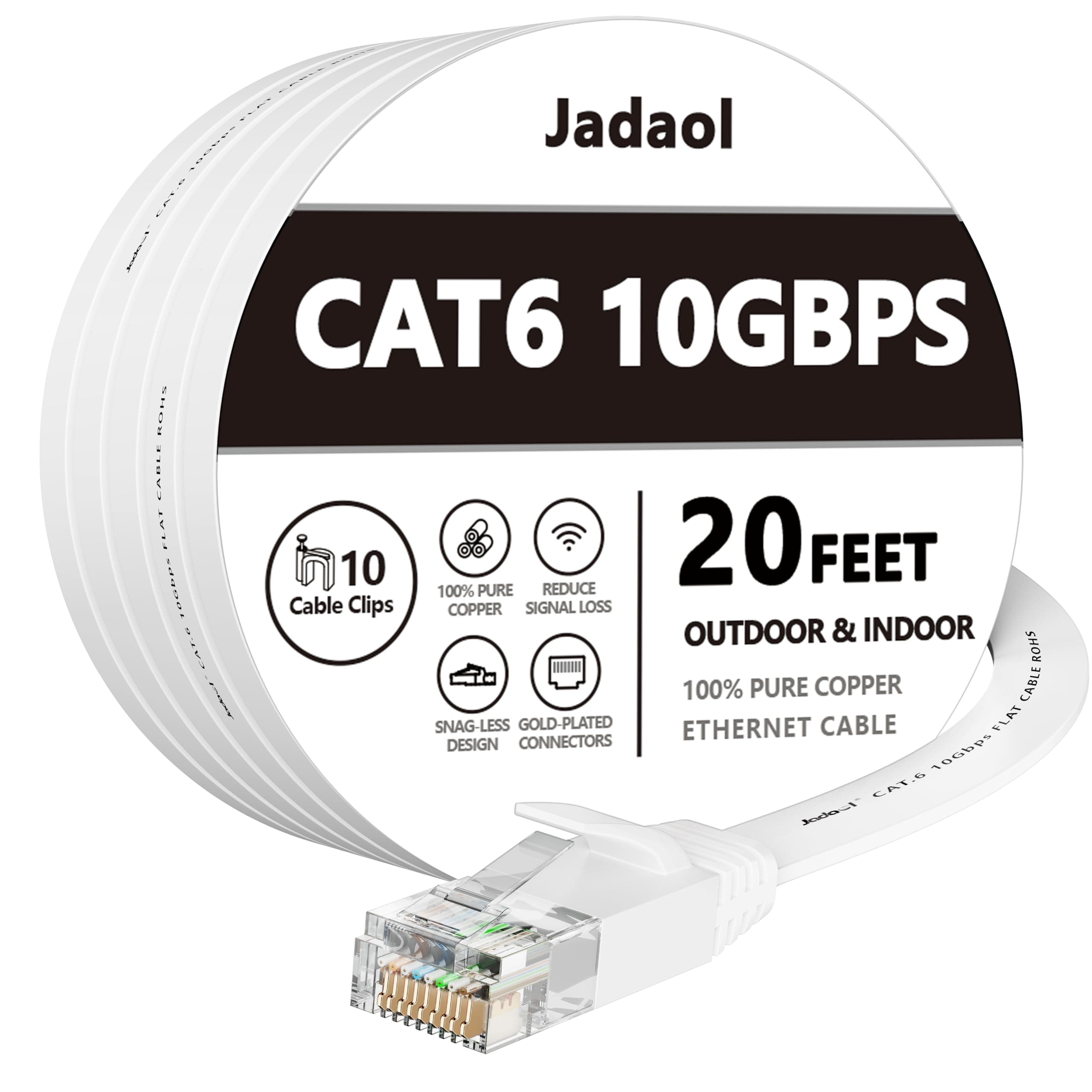 Cat 6 Ethernet Cable 20 Ft, Outdoor&Indoor, 10Gbps Support Cat7 Network, Slim Long Flat Internet LAN Patch Cord, Cat6 Solid High Speed Weatherproof Cable for Router, Modem, PS4/5, Xbox, Gaming, White