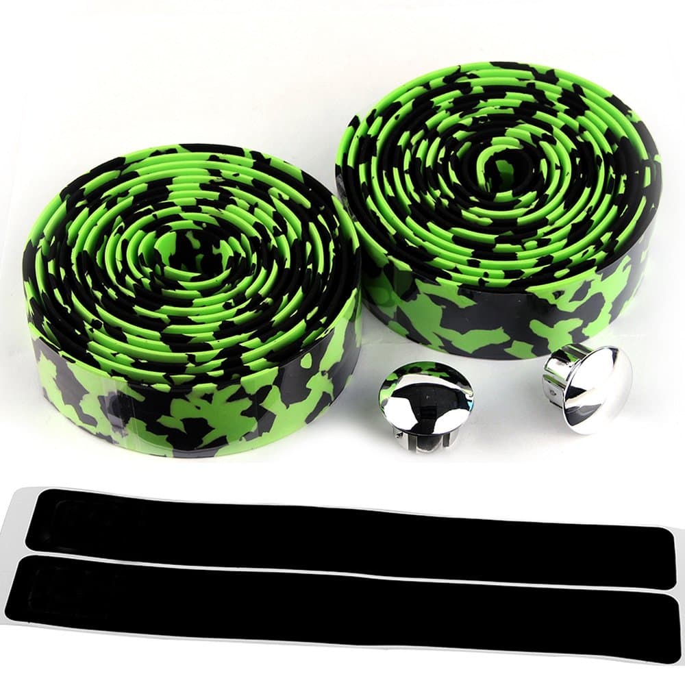 AmazingEC Camouflage Pattern Cork Handlebar Tape Wrap Cycling Road Bike Sports Antiskid With End Plugs Green Black