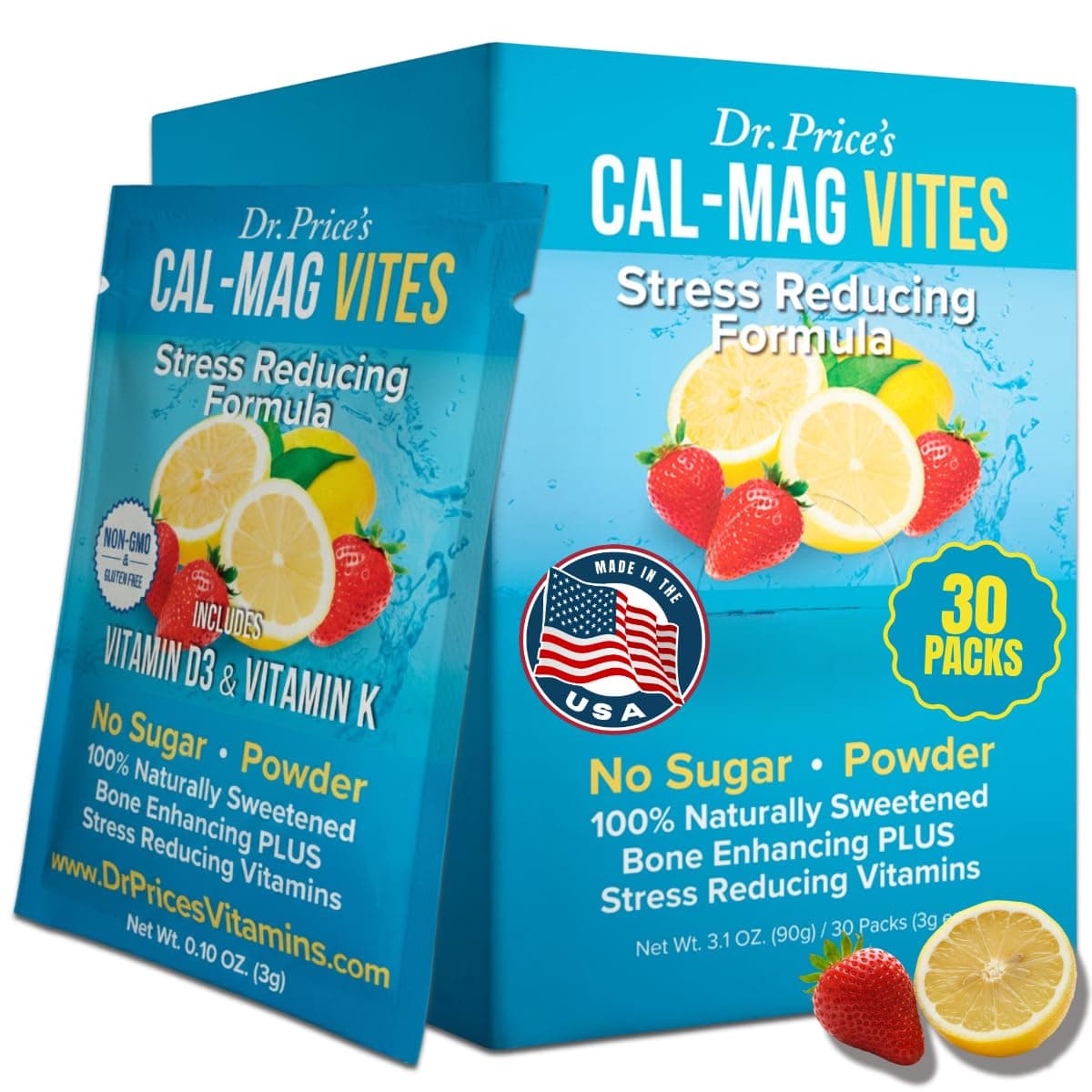 Dr. Price's Vitamins Cal-Mag Vites Calcium Magnesium Powder for Men and Women | K, D, Mineral Supplement | Natural Calming Stress Relief Drink | Strawberry-Lemon 30 Packets | , No Sugar Non-GMO