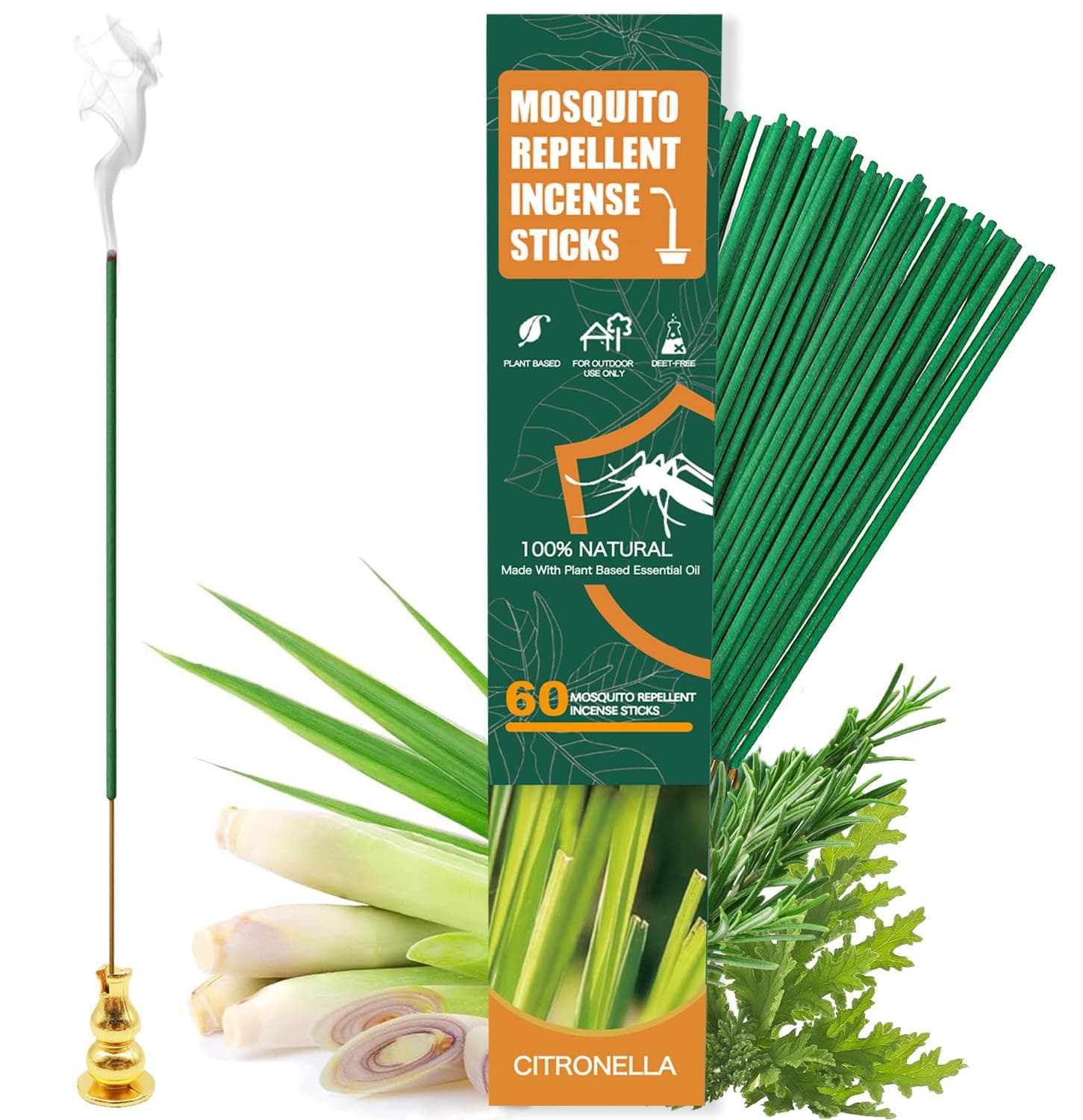 60pcs Mosquito Repellent Citronella Incense Sticks with Holder,Natural Plant Ingredients Citronella Oil Lemongrass Rosemary Oil,DEET Free Repellent Outdoor (Citronella Incense Sticks)