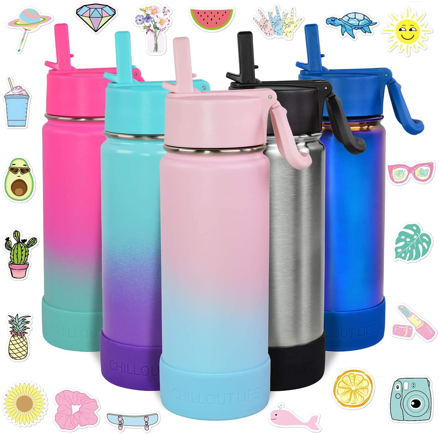 CHILLOUT LIFE 17 oz Kids Insulated Water Bottle for School with Straw Lid Leakproof and Cute Waterproof Stickers, Personalized Stainless Steel Thermos Flask Metal Water Bottle for Girls & Boys
