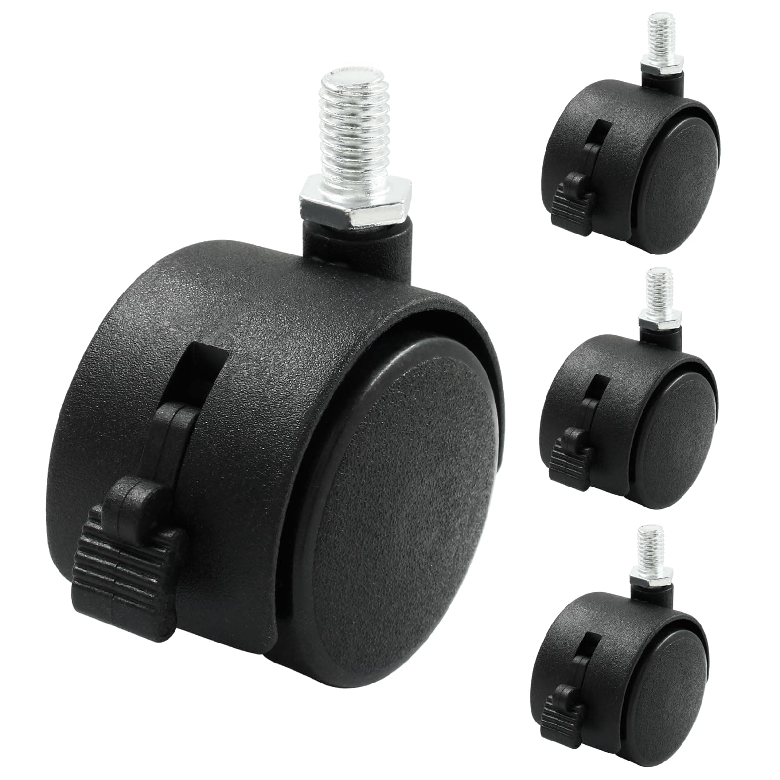 Suiwotin 4pcs 1.5 Inch Swivel Caster Wheels, Black Nylon M8 Threaded Stem Caster Wheels with Brake, Heavy Duty Swivel Stem Casters Wheel Replacement for Furniture, Table, Cabinet, Shelf