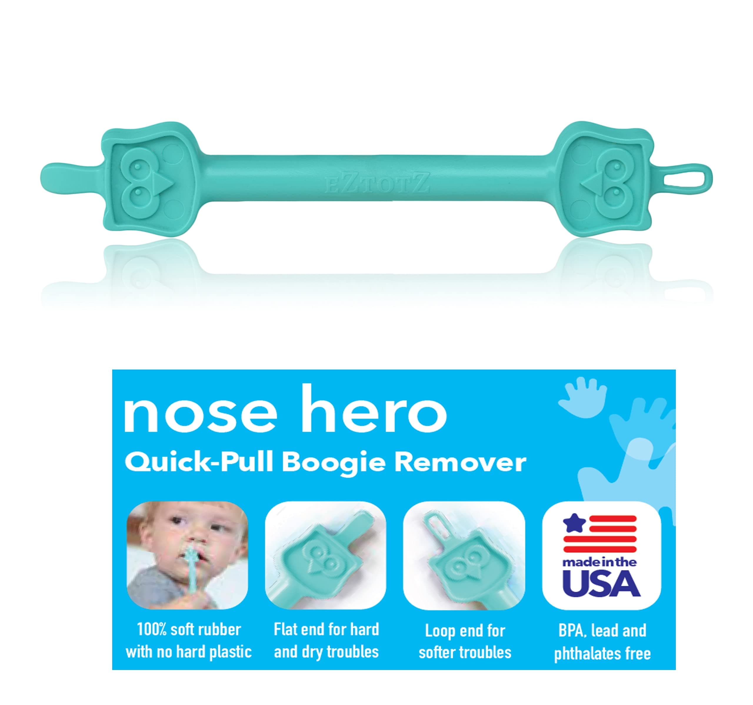 Nose Hero - Baby Nose and Ear Cleaner Tool - Made in USA 100% Soft Flexible Rubber Infant Booger Picker - Essential Baby Care Products - Nasal Boogie Sucker Tool - Safe, BPA Free