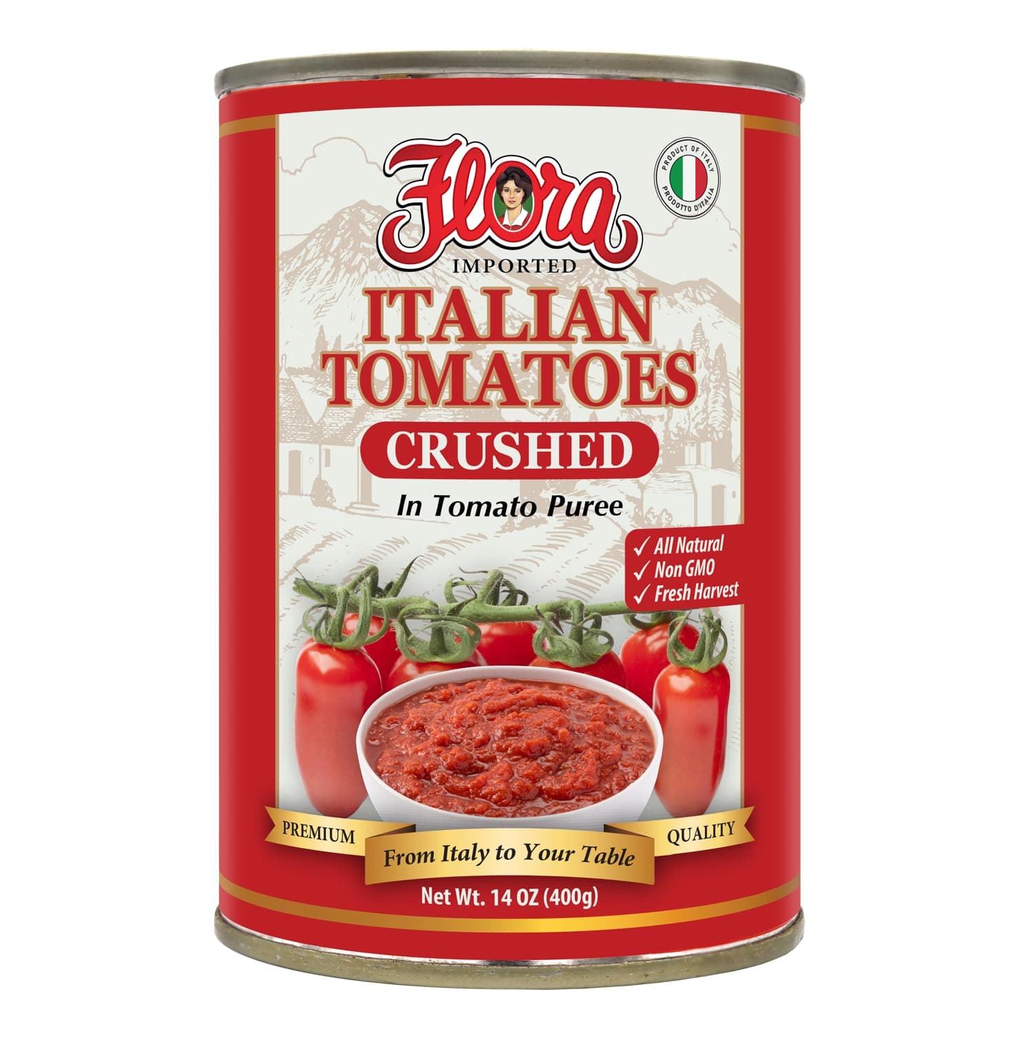 Flora Imported Italian Crushed Tomatoes in Tomato Puree – 100% Italian, All Natural, Non-GMO, Fresh Harvest – 14 oz (400g) Can
