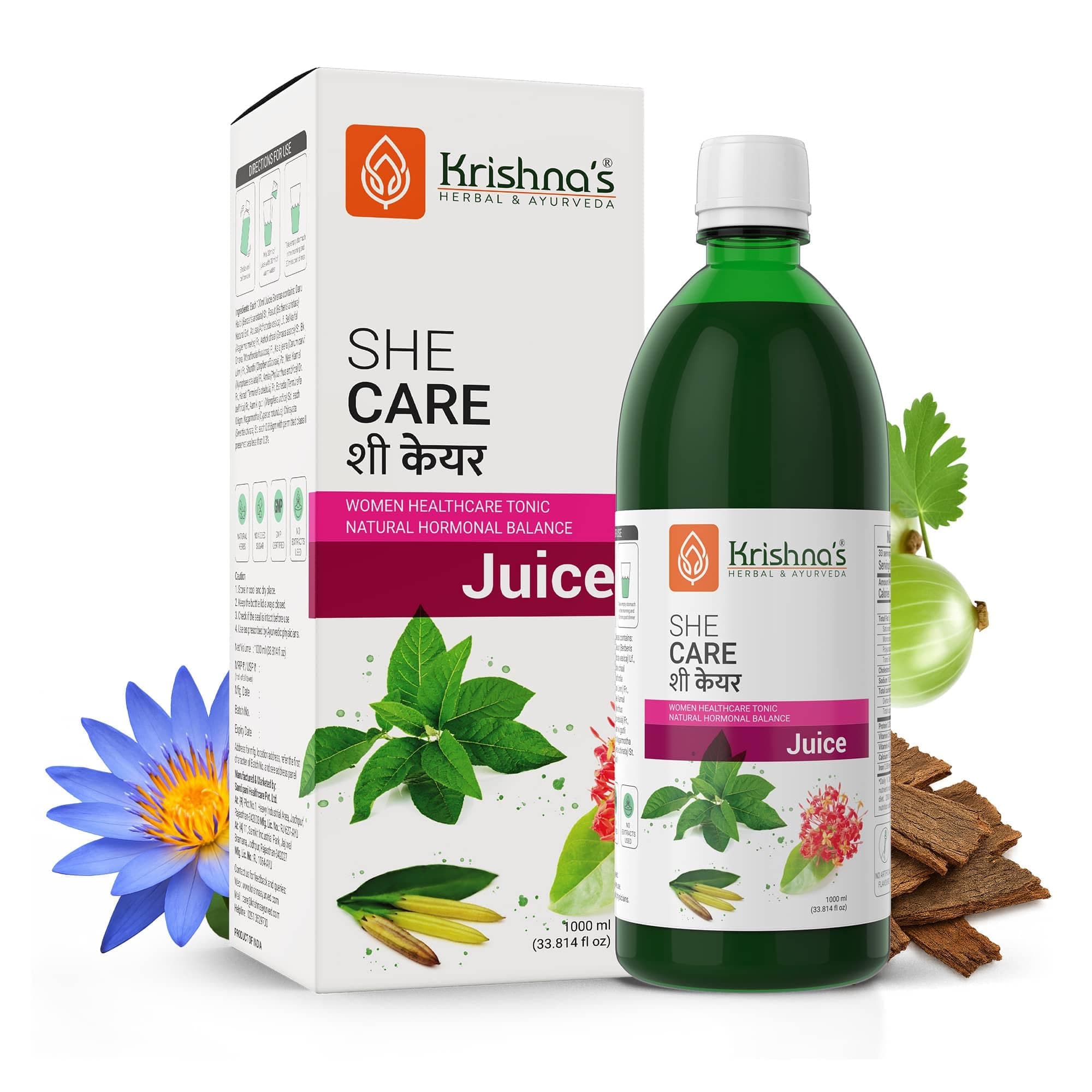 KRISHNA'S HERBAL & AYURVEDA She Care Juice 1000ml, Herbal Supplement for Hormonal Balance, PCOS, PCOD, Period Pain Relief, Hair and Skin Health | Women Wellness Juice