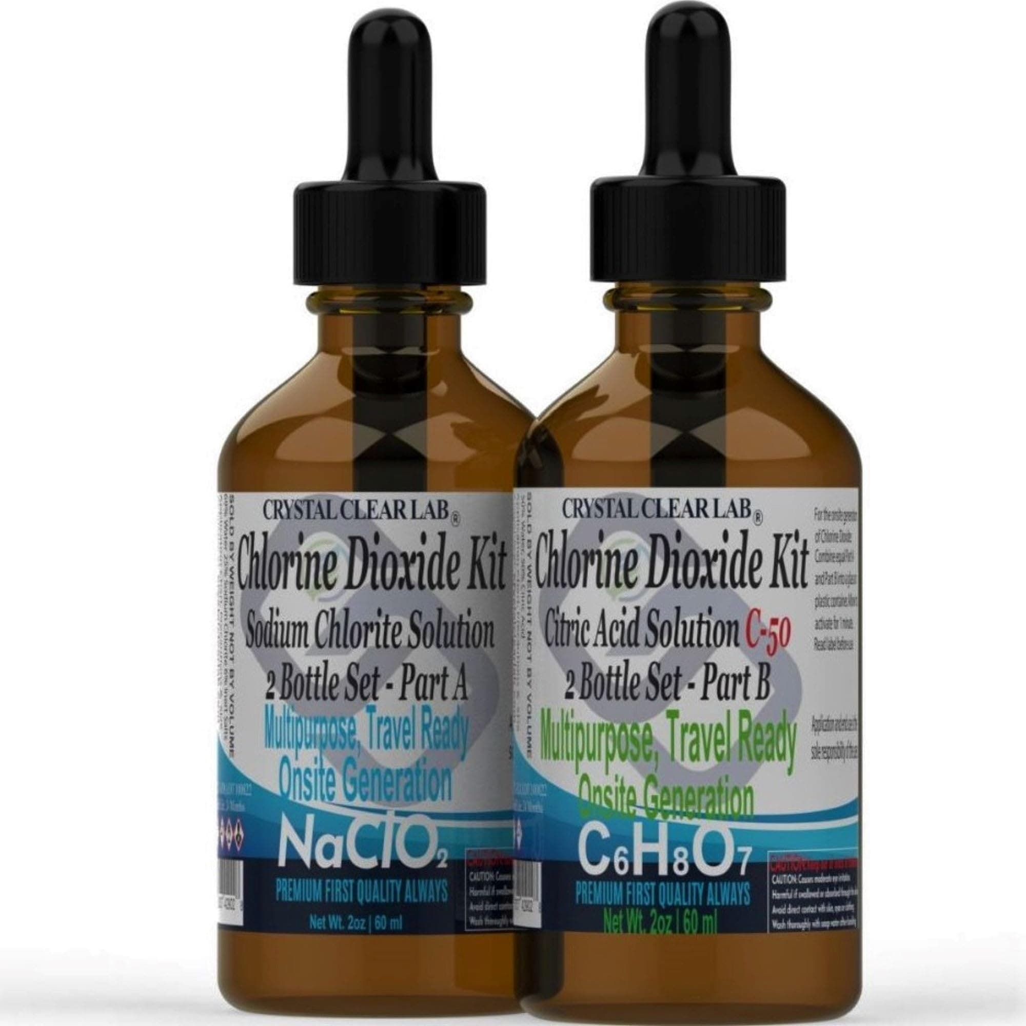 Crystal Clear CDS Chlorine Dioxide Solution Kit w/Glass-Drop Bottles 2 oz Citric Acid ClO2