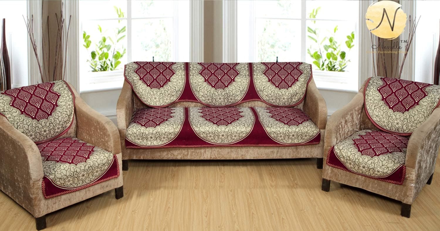 Luxurious Cotton Abstract Design 5 Seater Sofa Cover Set (Maroon, 6 Pieces)