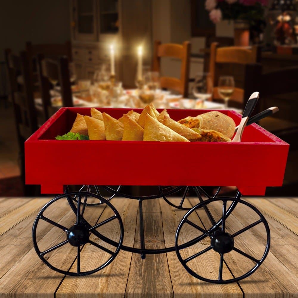 FURNISHING FACTORY Wood and Metal Trolly with Moving Wheels (15x23x18 cm, Red)