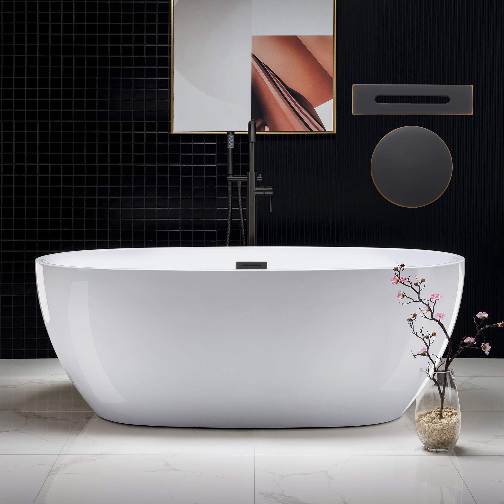 WOODBRIDGE 67" Acrylic Freestanding Bathtub Contemporary Soaking White Tub with Oil Rubbed Bronze Overflow and Drain,BTA1528-ORB