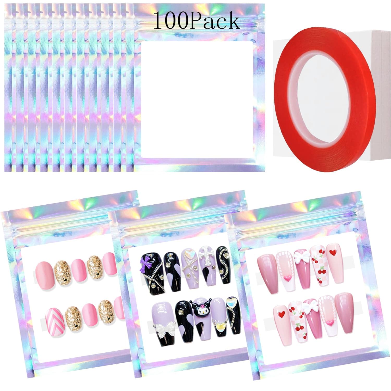 Qenk 100PCS Empty Holographic Nail Storage Bag Press on Nail Packaging Bag and 100PCS Shiny white cardboard Nail Tips Packaging Bags with 1 Roll Transparent Tape