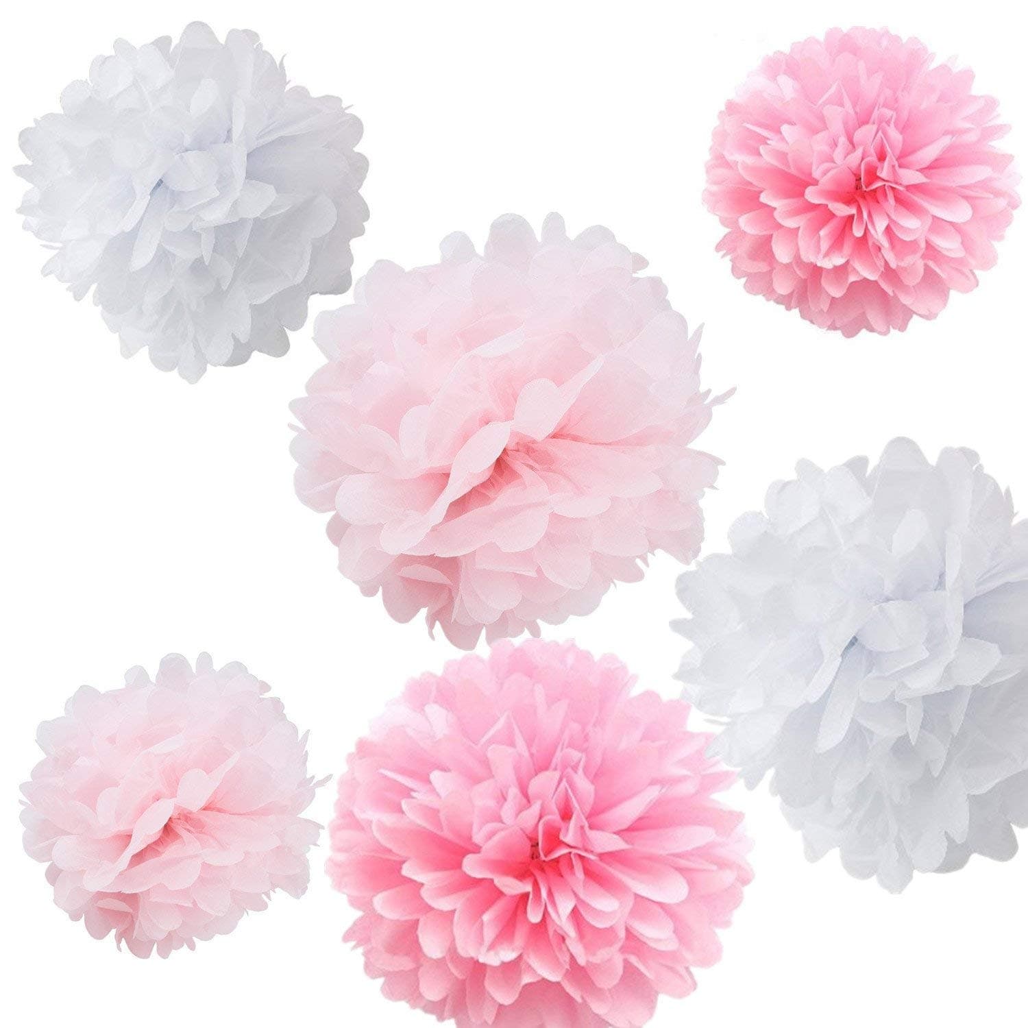 Fonder Mols20pcs Mixed 8'' 10'' 14'' Tissue Paper Pom Poms Flower Wedding Party Baby Girl Room Nursery Decoration - White, Pink & Light Pink