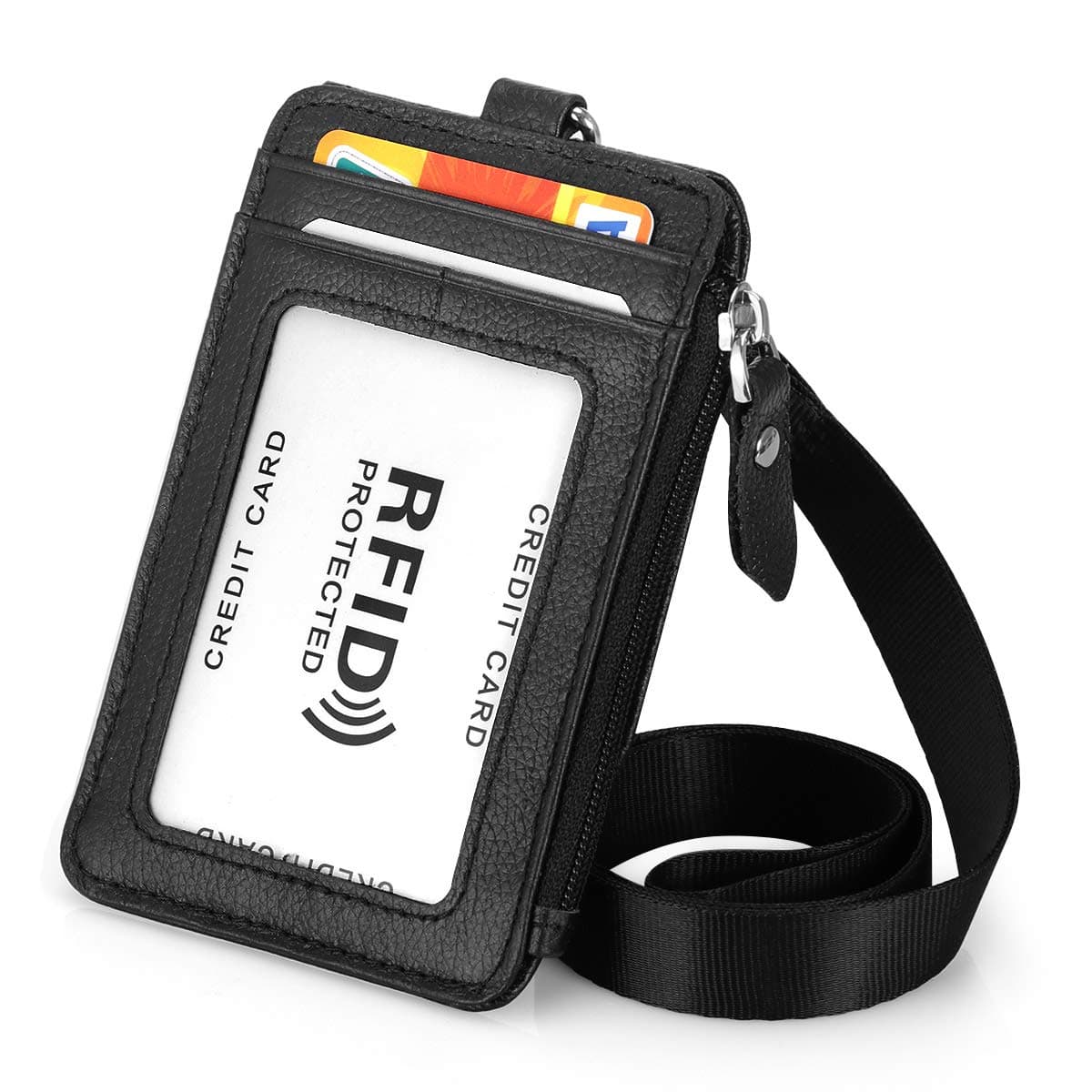 Badge Holder with Zipper Genuine Leather RFID Keychain Wallet Neck Lanyards with Swivel Hook for Card/Coin/Cash, Black